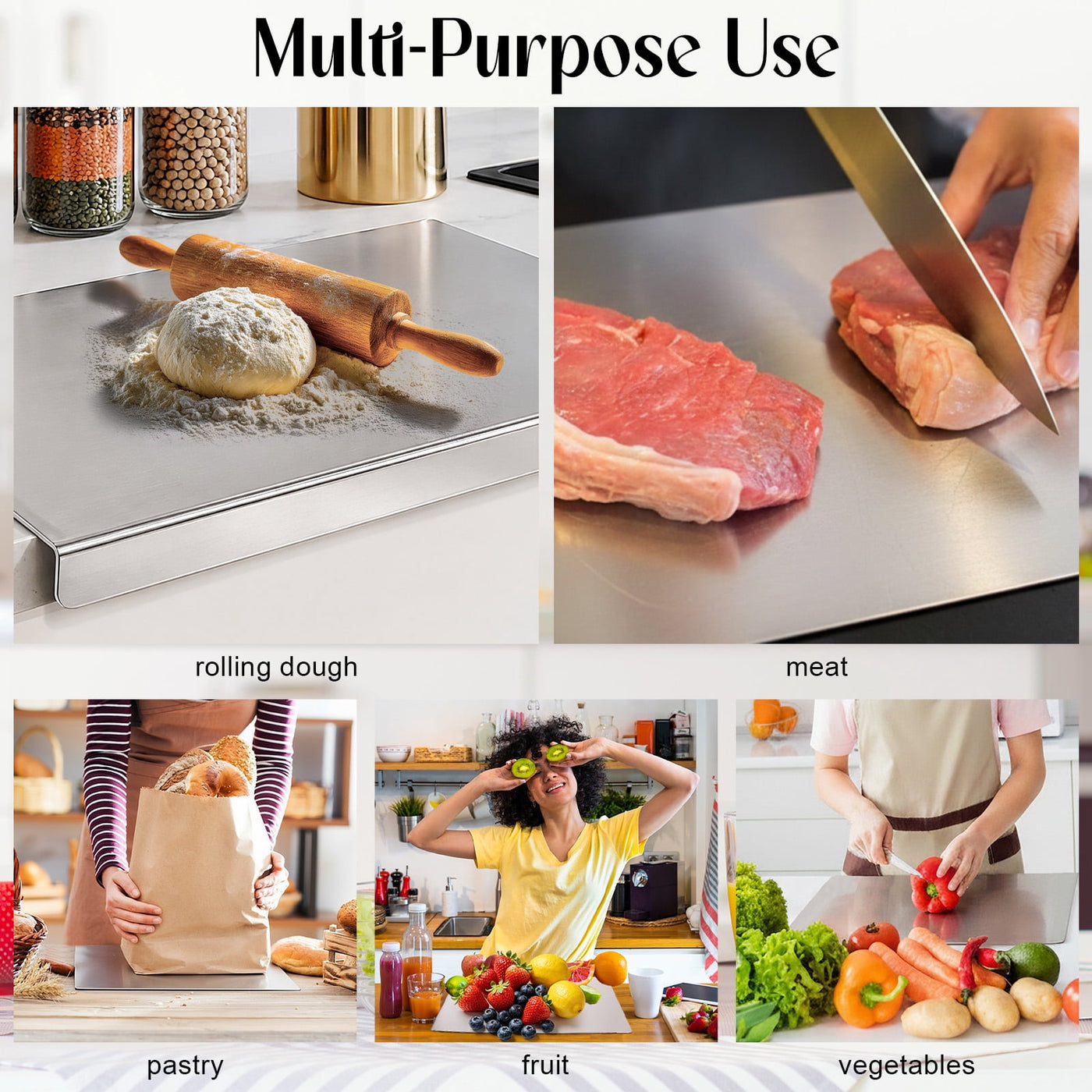 Food Grade Stainless Steel Cutting Boards for Kitchen, Large Baking Cutting Boards with Counter Lip and 10 Double-sided Stickers for Meat, Fruits