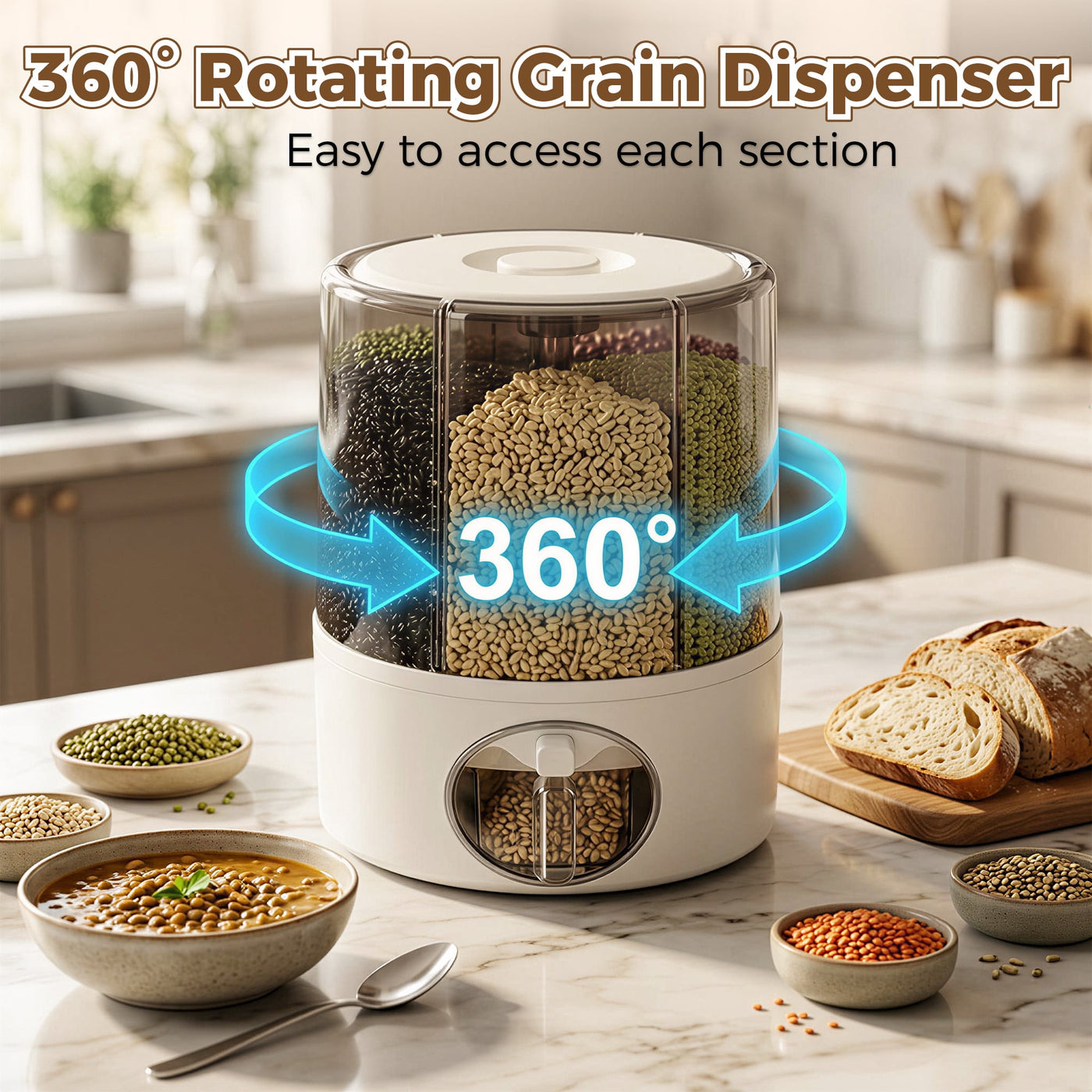 Riousery Rotating Grain and Rice Dispenser (holds 20+ Lbs), 6-Compartment Glass-like Clear Food Storage Container for Pantry Organization