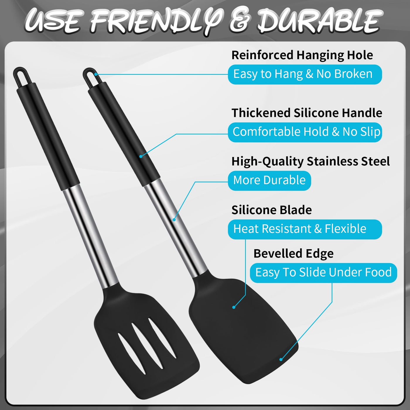 4-Pack Silicone Cooking Utensils Set, Heat Resistant Nonstick Kitchen Spatula and Spoon Set, Large Soup Ladle