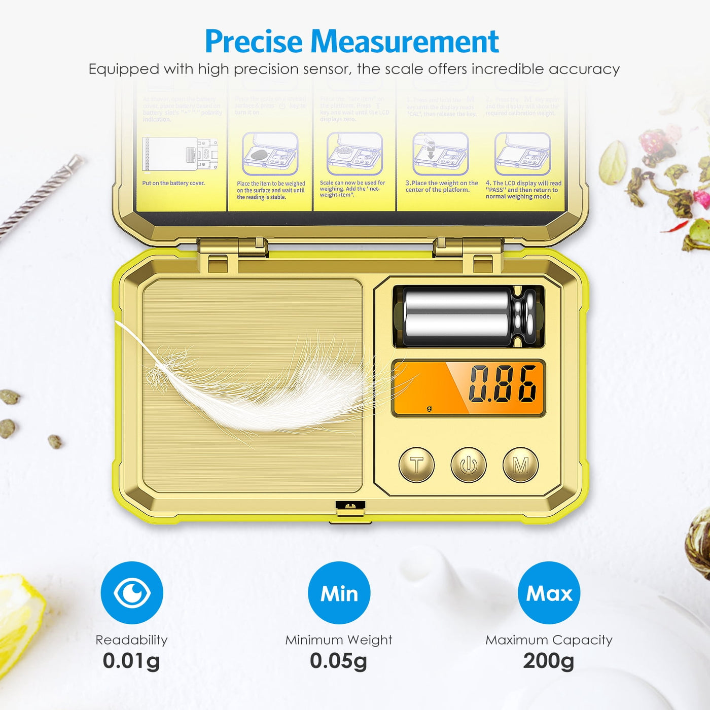 Digital Scale, Amir Digital Pocket Scale 200g/0.01g High-precision Scale with 50g Calibration 6 Units LCD Display Tare Function Gram Scale for Kitchen