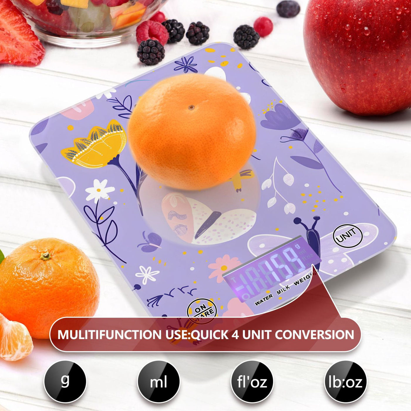 Digital Kitchen Food Scale Weight Grams Oz for Baking Cooking Coffee 11lb 0.05oz/1g Glass Abstract Flowers and Butterflies