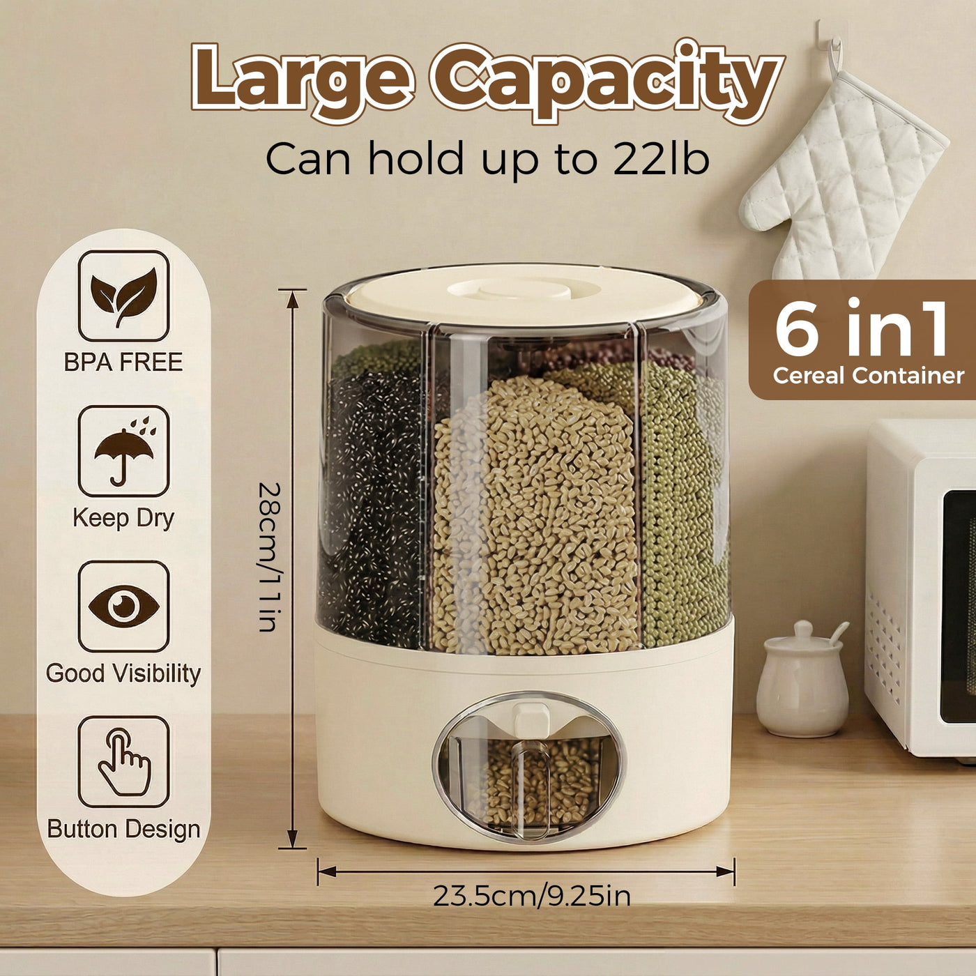 Riousery Rotating Grain and Rice Dispenser (holds 20+ Lbs), 6-Compartment Glass-like Clear Food Storage Container for Pantry Organization