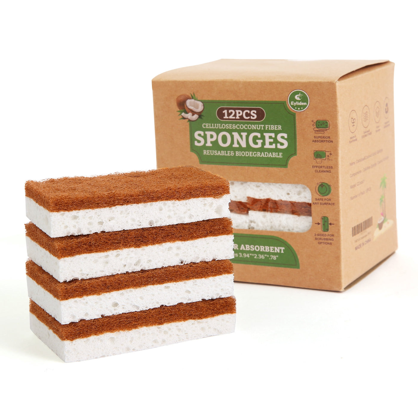 Dual-sided Natural Cellulose Sponges, Coconut Fiber Scrub for Dishes, 12-Pack, for Everyday Home Kitchen Cooking, Storage and Organization