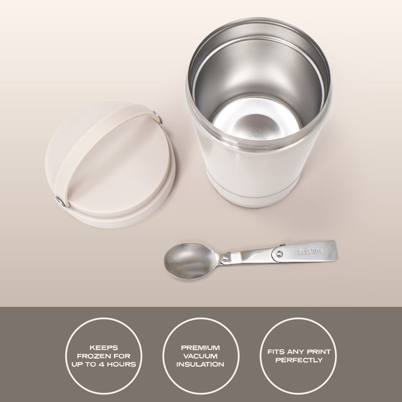 Cook with Color Insulated Ice Cream Holder or Soup Container with Toppings Compartment and Spoon, Taupe, Made for Portable Food Storage
