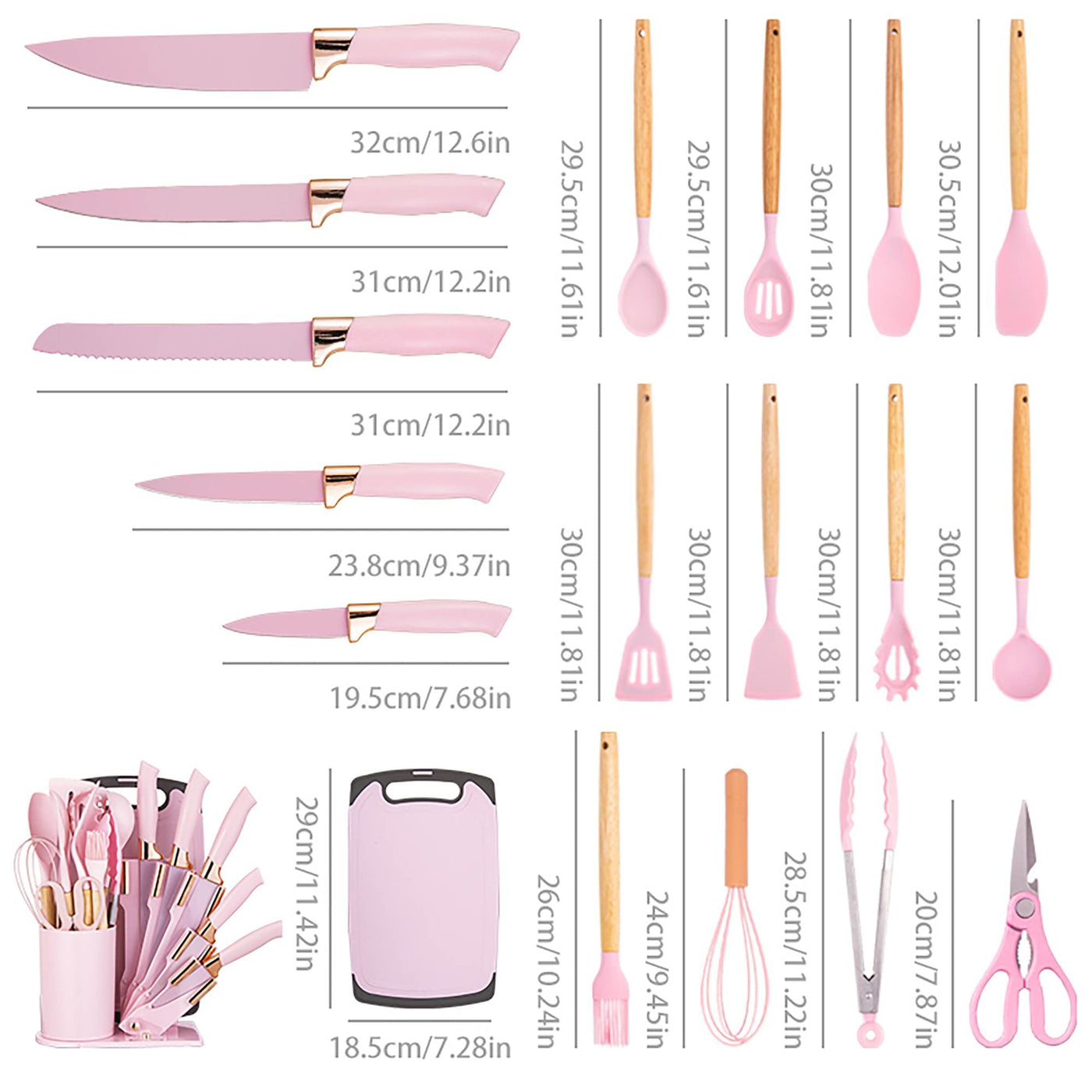 Heesem 19-Piece Silicone Kitchen Utensil and Knife Set, Heat-resistant Cooking Tools Nonstick Safe Gift for Mom or Women Pink