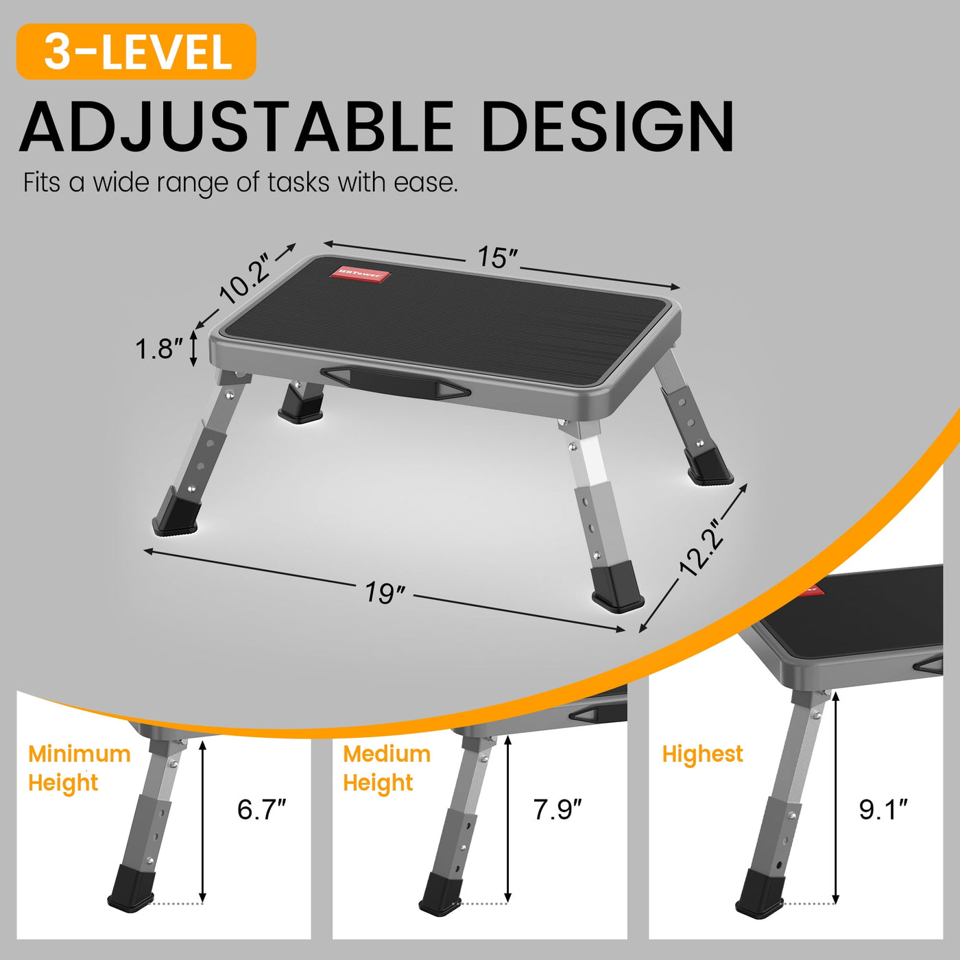 Adjustable Step Stool with A Non-slip Platform, Foldable Step Ladder with Thick Rubber Feet for Adults or Children in Kitchen, Bedroom, Office, RV