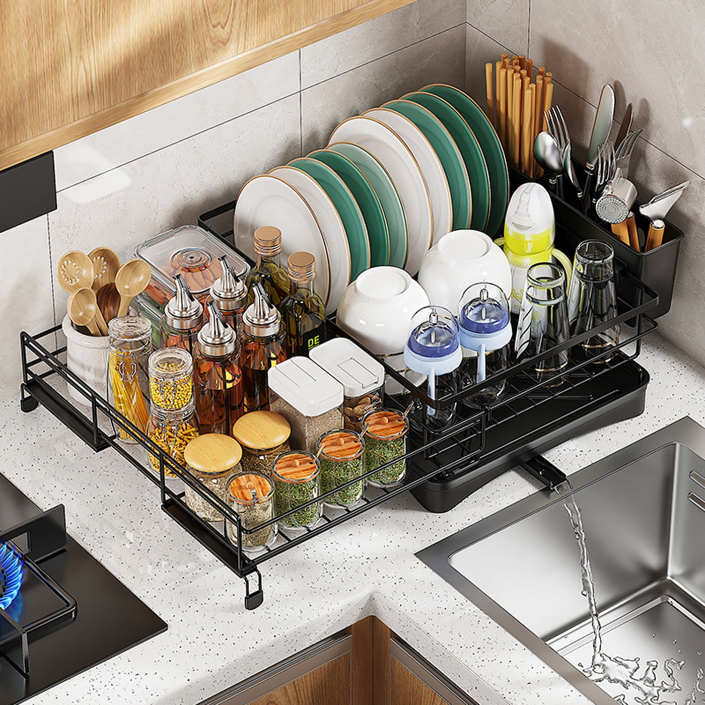 Large Capacity Dish Drying Rack, Compact Stainless Steel Dish Rack with Utensil Holder, Space-saving Storage and Organizer for Kitchen Countertop