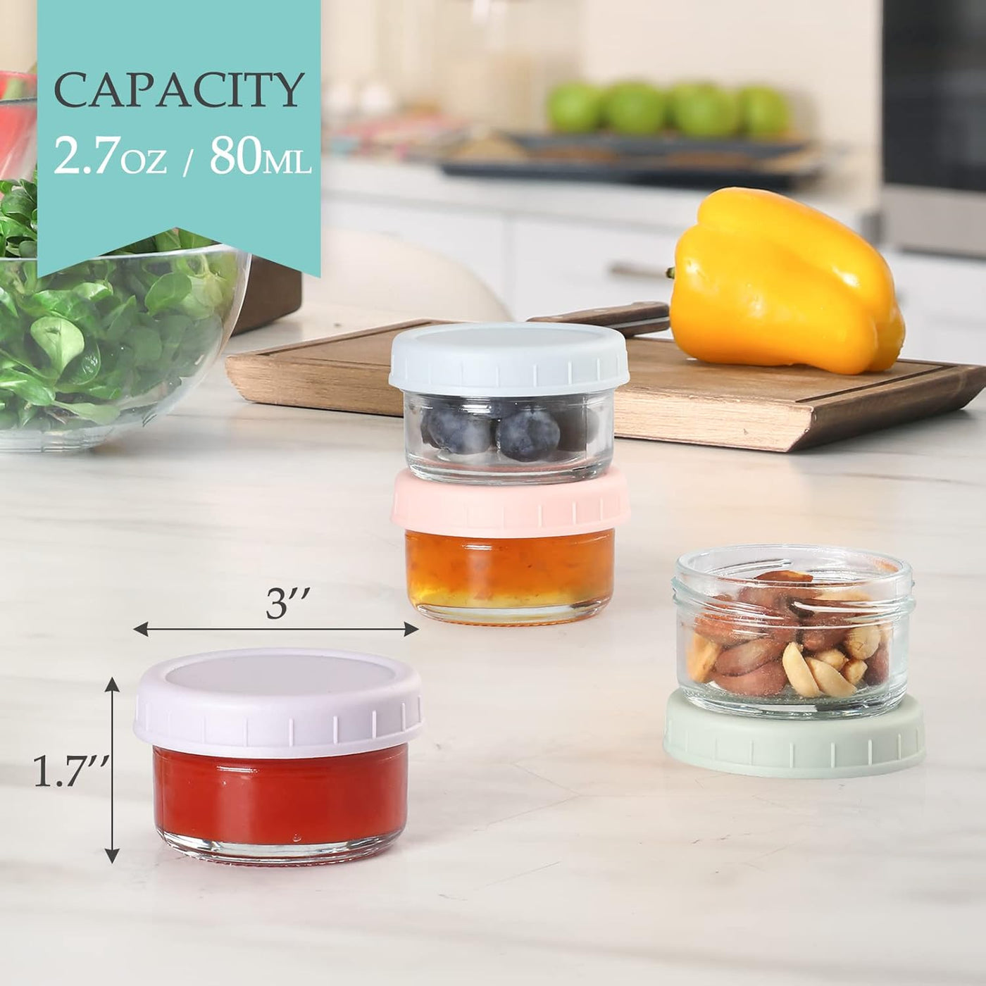 6-Pack Salad Dressing Container to Go, 2.7 Oz Glass Small Condiment with Lids, Dipping Sauce Cups Set, Leakproof Reusable for Lunch Box Work Trip
