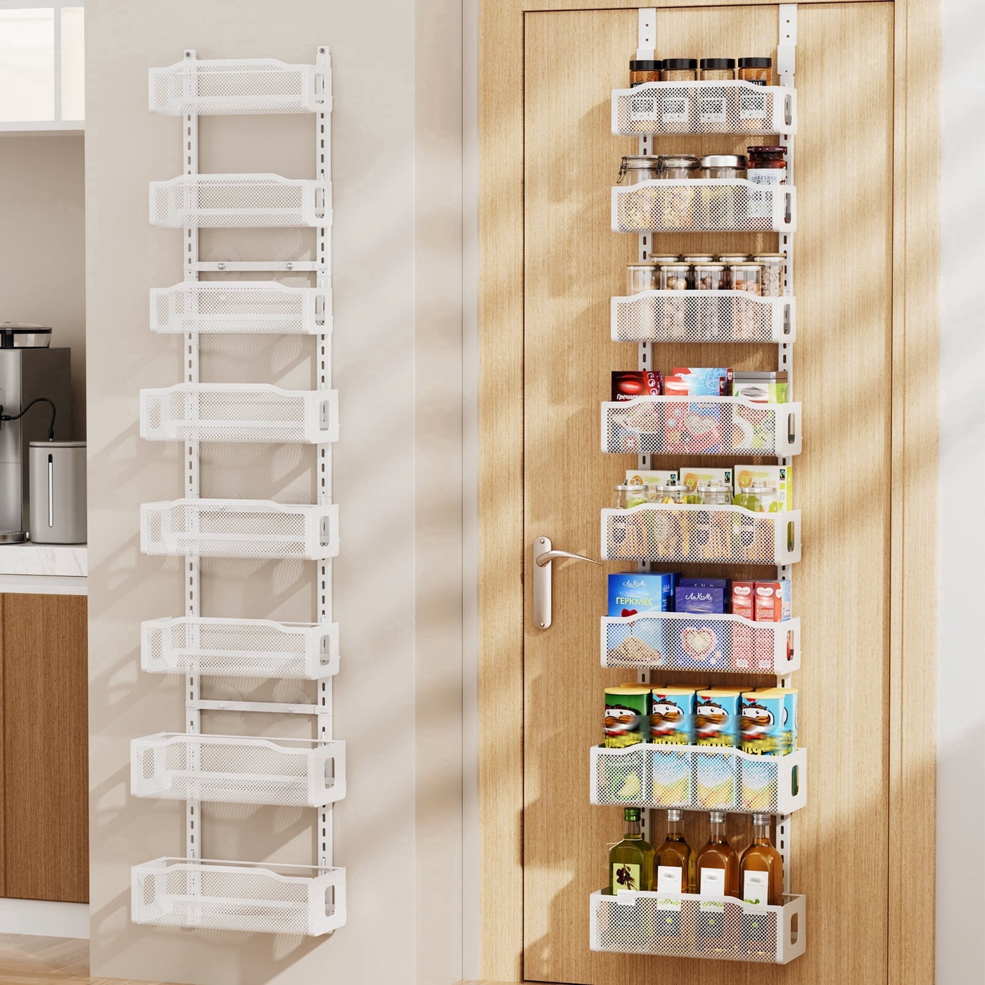 8-Tier Over The Door Pantry Organizer, Delamu Heavy-duty Metal with 8 Baskets, Hanging Storage and Organization for Kitchen, Spice Rack 12in Width