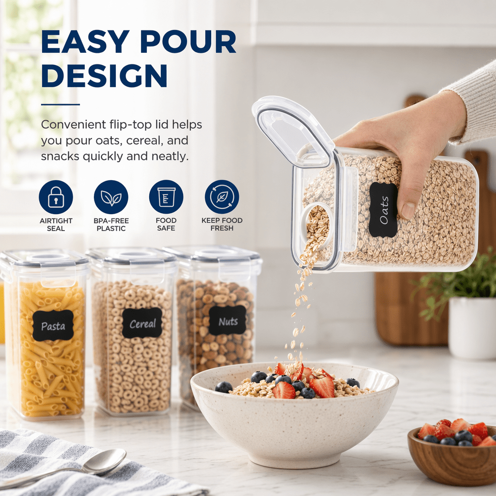 Airtight Food Storage Containers with Lids, 4-Piece BPA-FREE Plastic Meal Prep Containers and Kitchen Pantry Organization Canisters for Cereal
