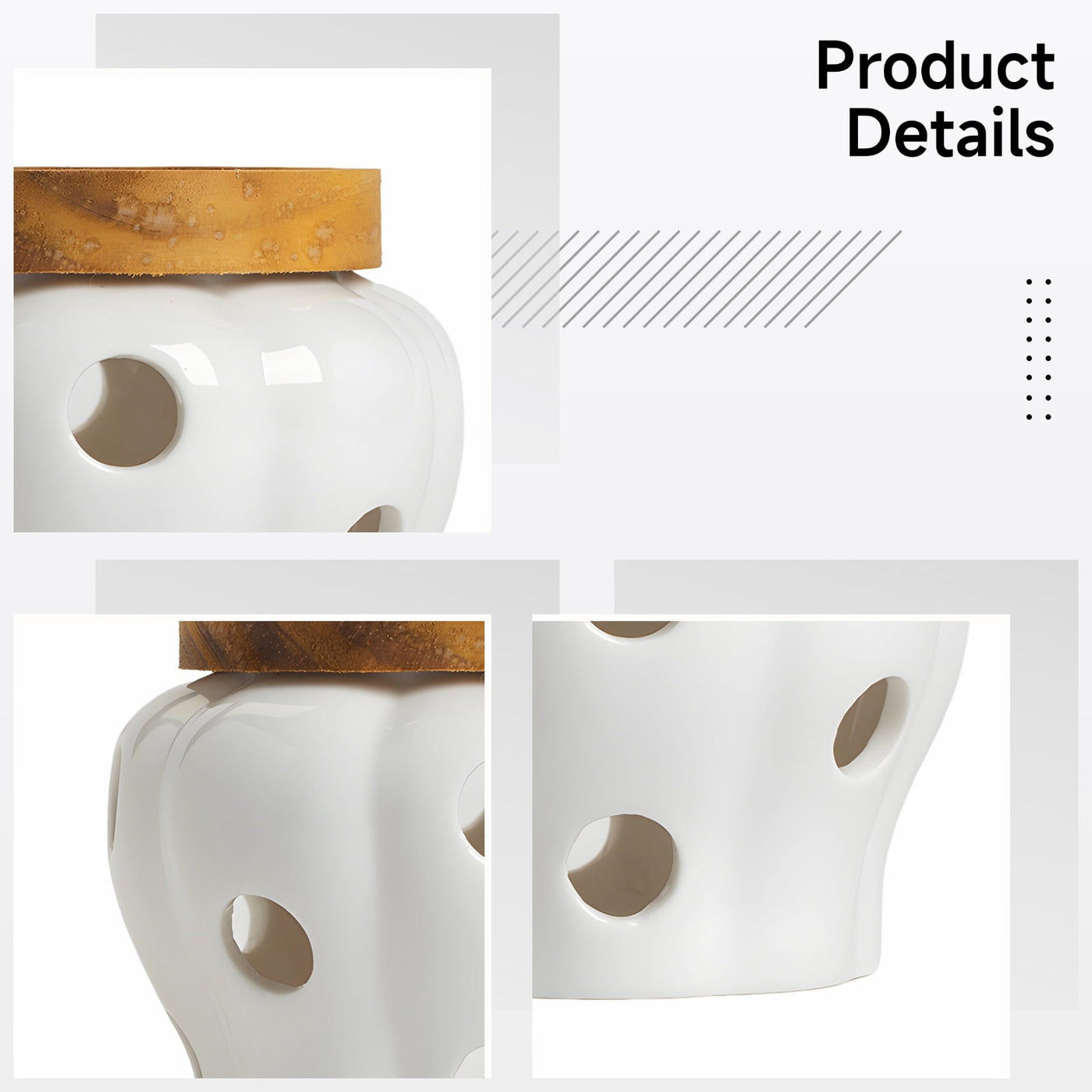 White Ceramic Garlic Keeper Jar Container, 4.4 X 3.7 in / 11.2 X 9.5 Cm Food Storage with 12 Vents and Wood Lid