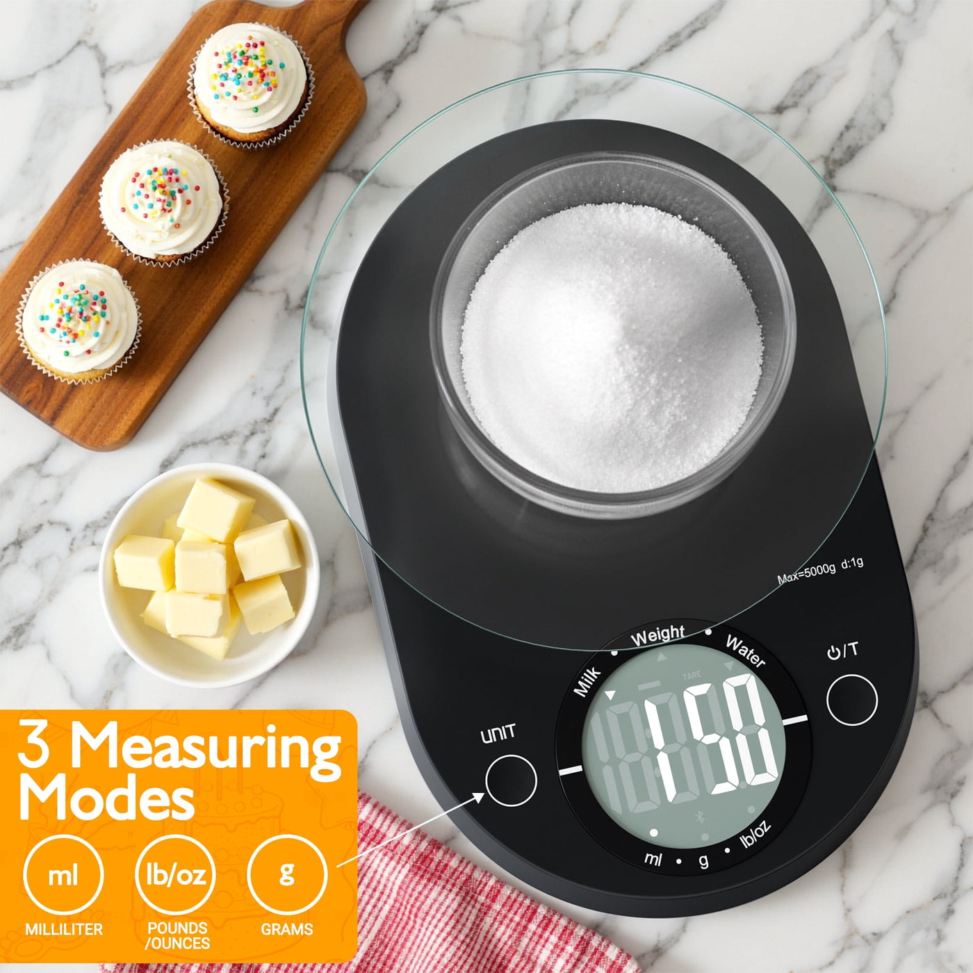Food Scale, Digital Kitchen Scale, 5kg/11lb Capacity, Precision Scale with Grams and Ounces, Black, for Accurate Kitchen, Food and Portion Weighing