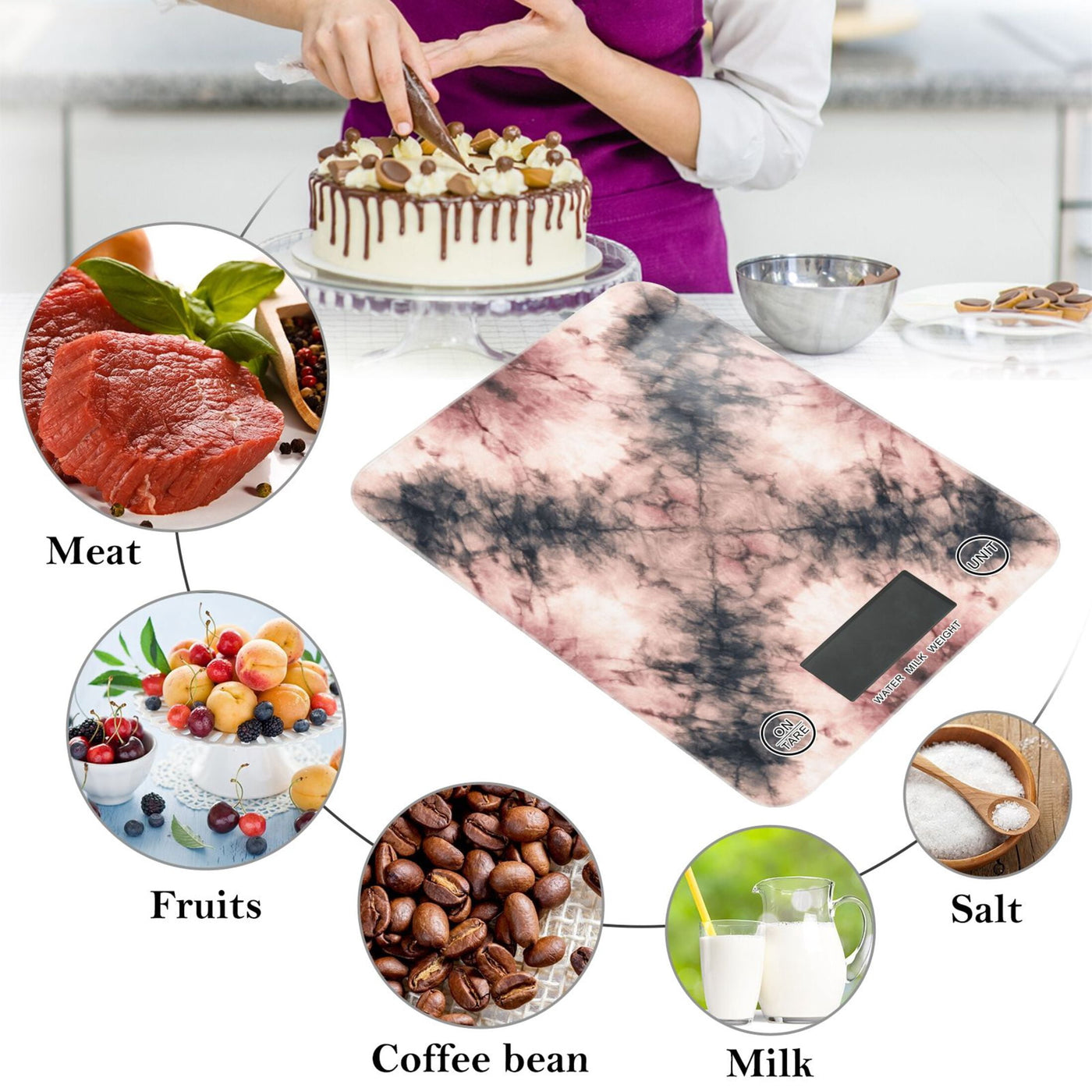 High Precision Digital Kitchen Scale Tempered Glass Food Scale Multifunction Scale Small Kitchen Appliances Soft Pink Tie-dye Pattern