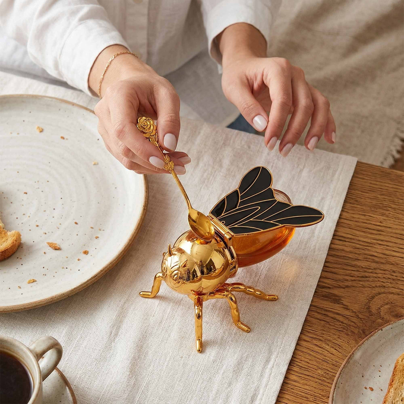 Glass Honey Jar with Plastic Bee Dispenser, Gold Lid and Spoon for Tabletop, for Cooking, Mixing, Serving and Nonstick Cookware