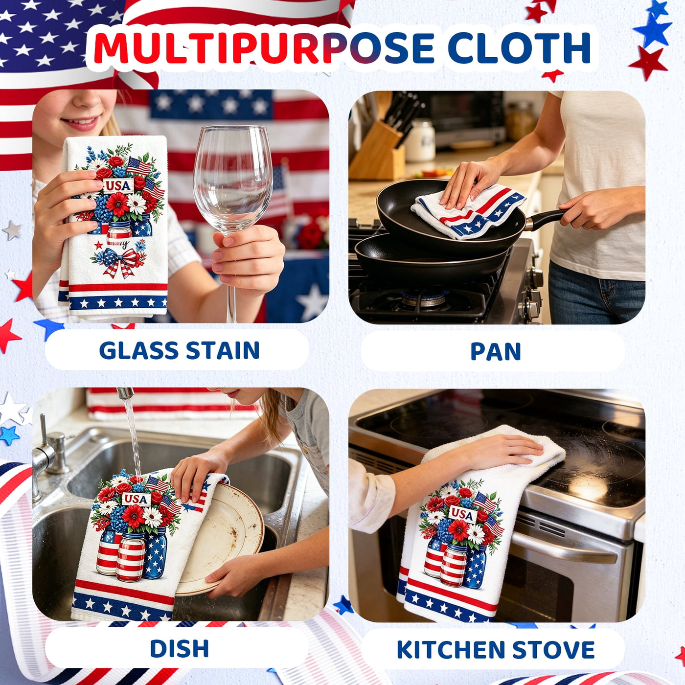 4-Piece 4th of July Patriotic Kitchen Towel, 16" X 24" American Flag Stars Kitchen Dish Towels, Red White Blue Absorbent Hand Towel for Independence