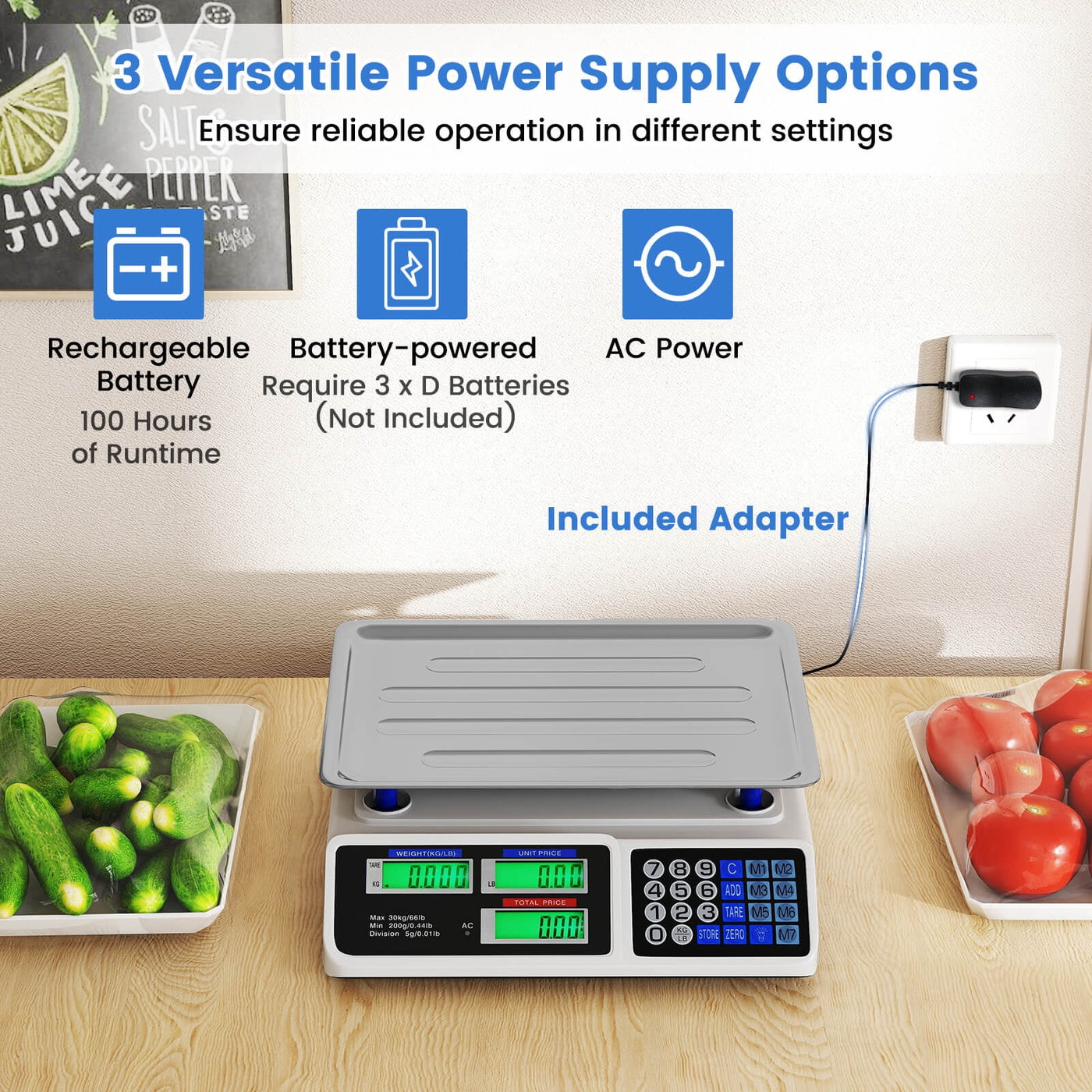 66lb Price Computing Scale with Dual LCD Displays and Rechargeable Battery, for Accurate Kitchen, Food and Portion Weighing