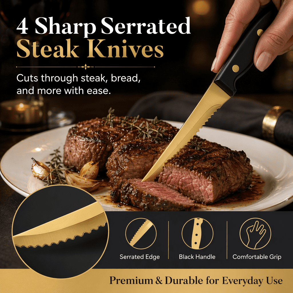 24-Piece Silverware Set, Mirror Polish Stainless Steel Flatware Set. Includes Steak Knives, Dishwasher Safe for Home and Restaurant, Gifts, Gold.