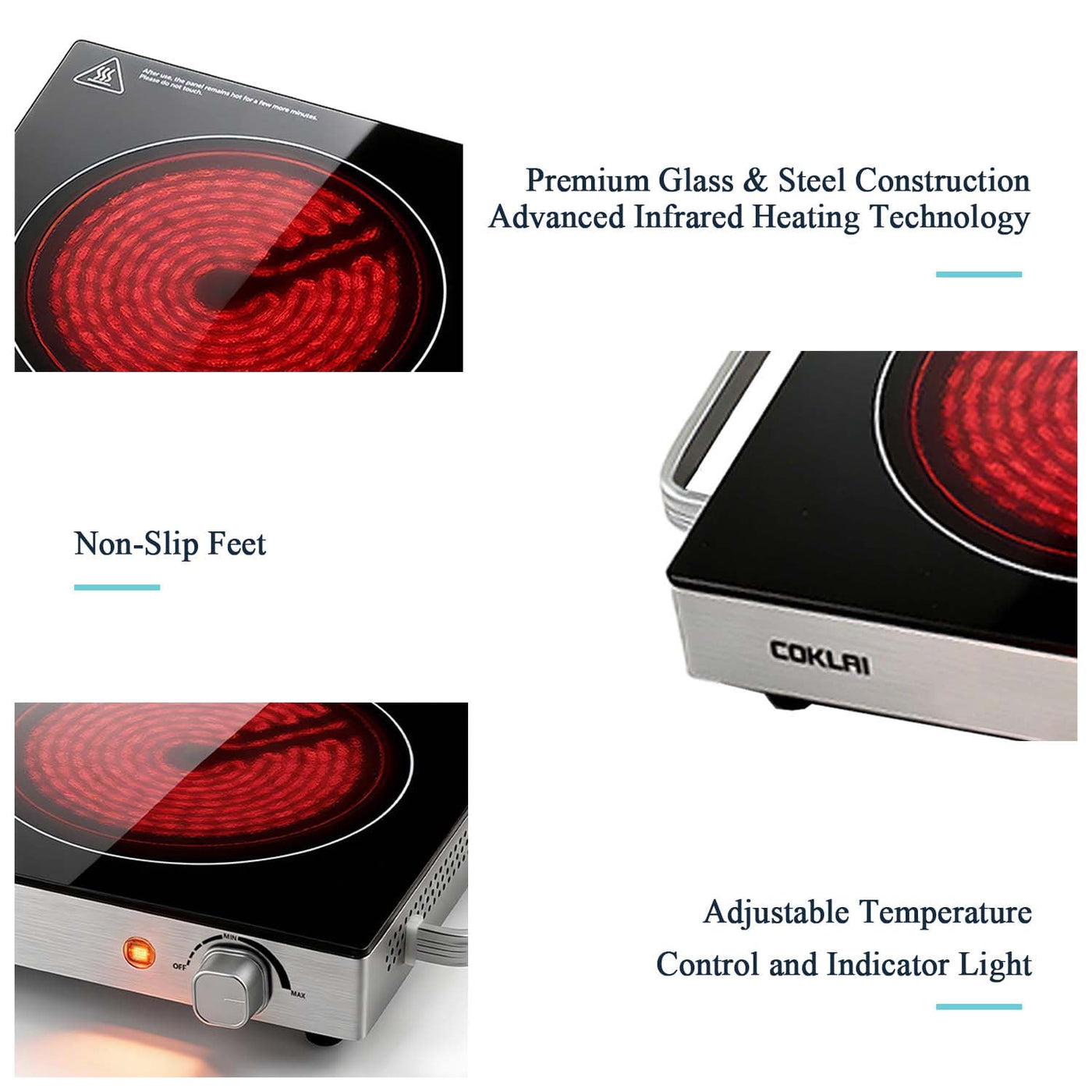 Glass Electric Hot Plate, Portable Single Burner with Adjustable Temperature, Easy-clean Surface, Compact Cooktop for Kitchen, Dorm, RV and Camping
