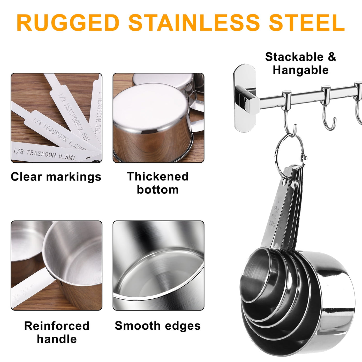 Measuring Cups and Spoons Set of 10, 5 Stainless Steel Cups and 5 Spoons for Kitchen Cooking Baking, for Cooking, Mixing