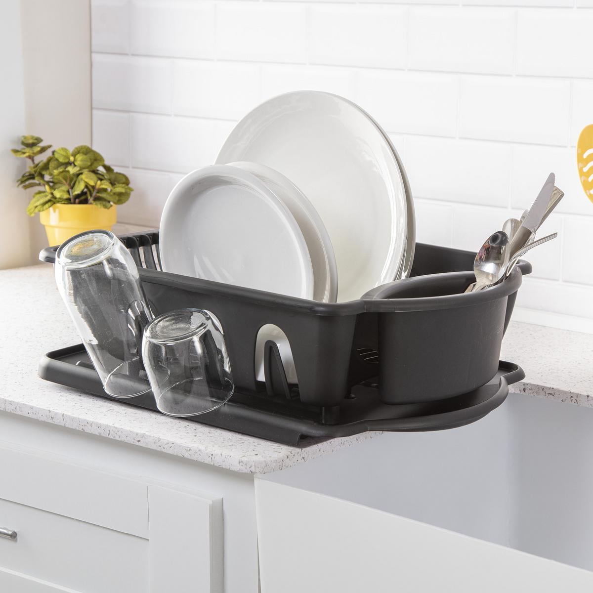 Dish Drying Rack, Heavy Duty Hard Plastic Drying Rack, Dish Drainer for Kitchen Counter with Drainboard Set, with Silverware Holder