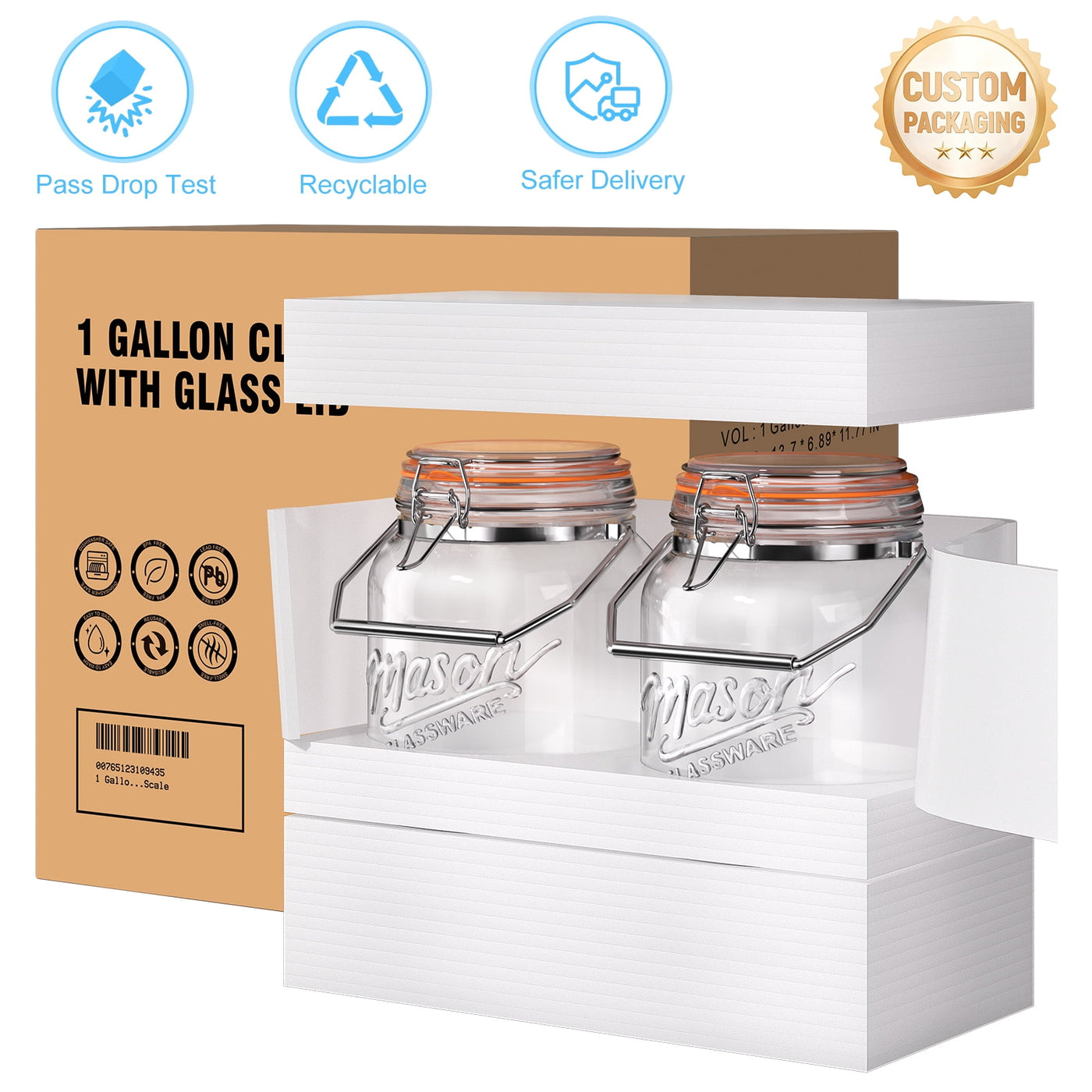 2 Packs 1 Gallon Glass Jar with Airtight Lids, Wide Mouth Mason Jars with Clip Top Lids and Stainless Steel Handle and Silicone Base