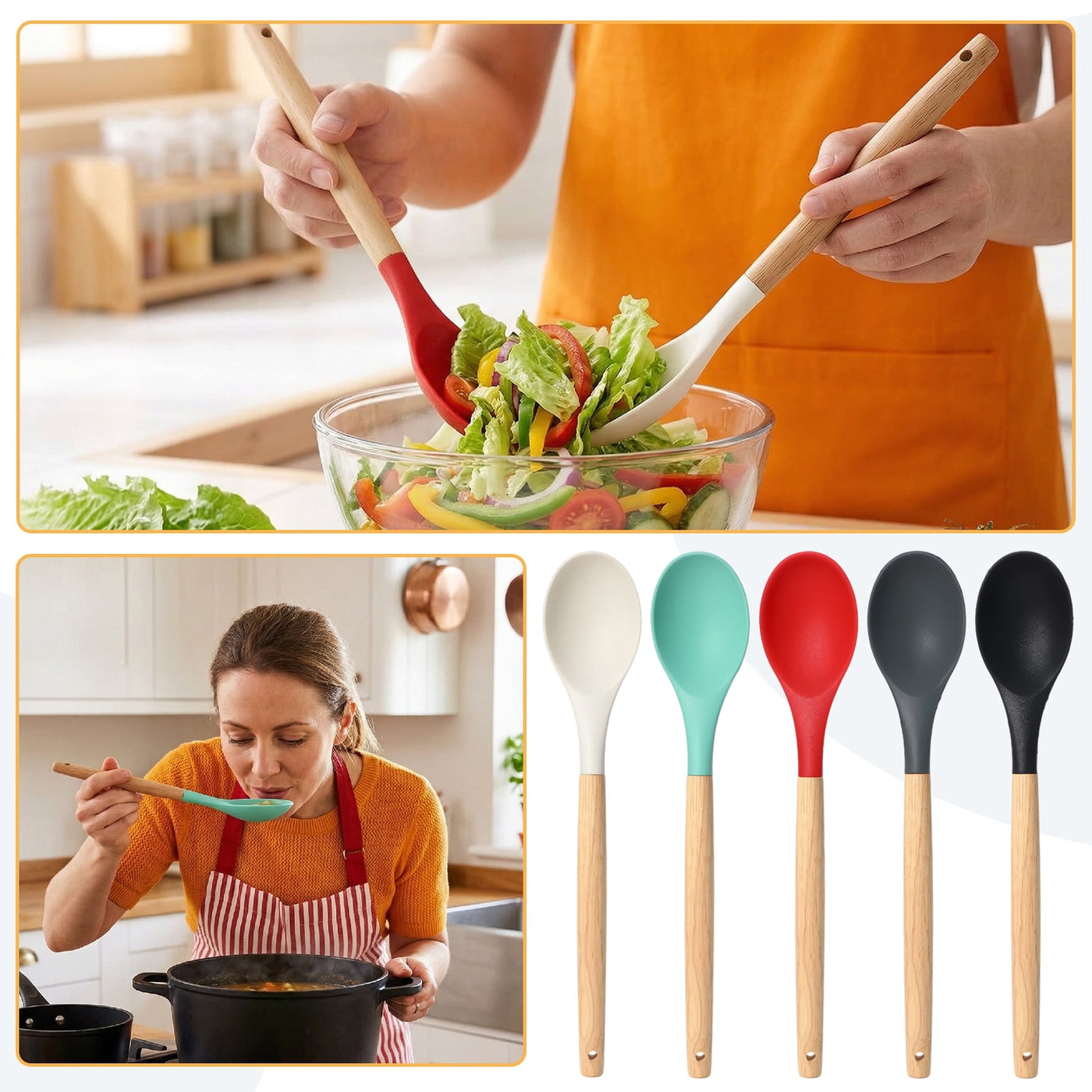5-Pack Silicone Nonstick Stirring Spoon, 12" Rubber Spoon Wooden Handle Spoons for Baking Cooking and Mixing, Kitchen Serving Spoons