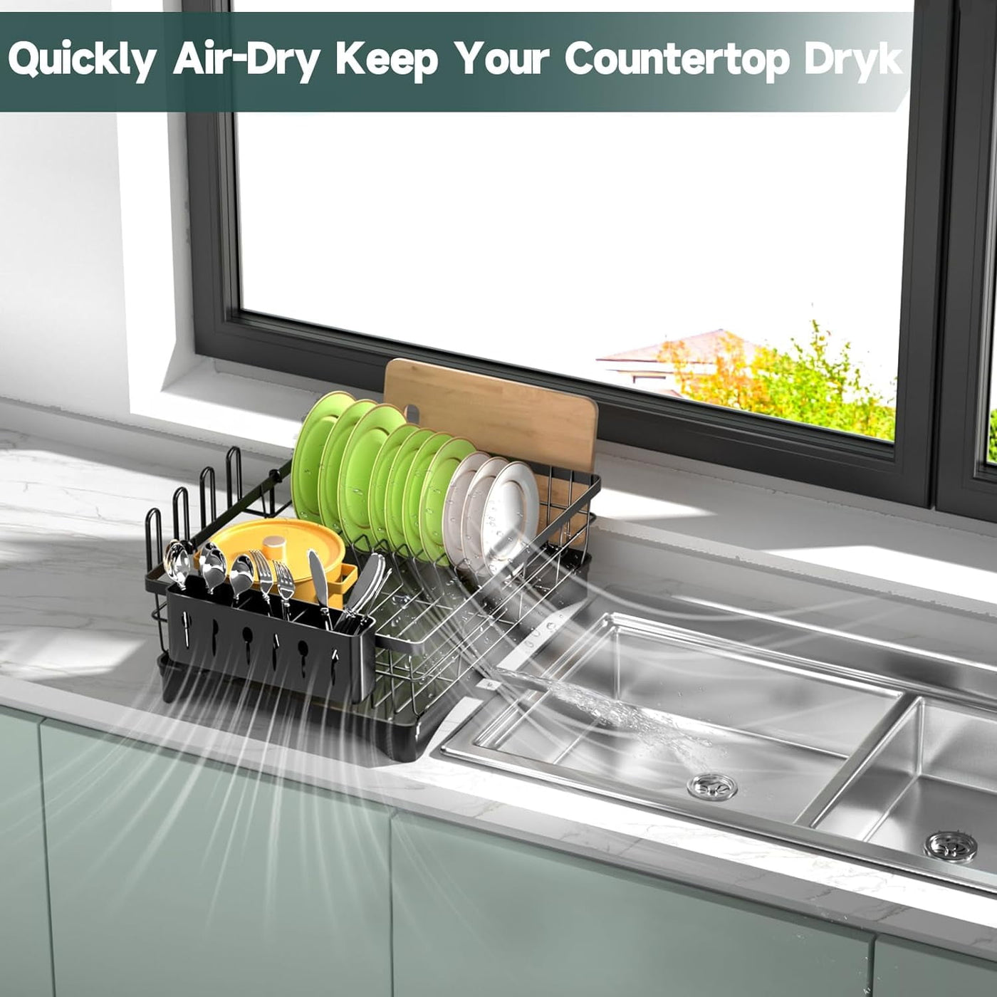 Dish Drying Rack, Kitchen Counter Stainless Steel Large 1 Tier Dish Drainer with Drainboard Over Sink for Cups, Knives, Spoons