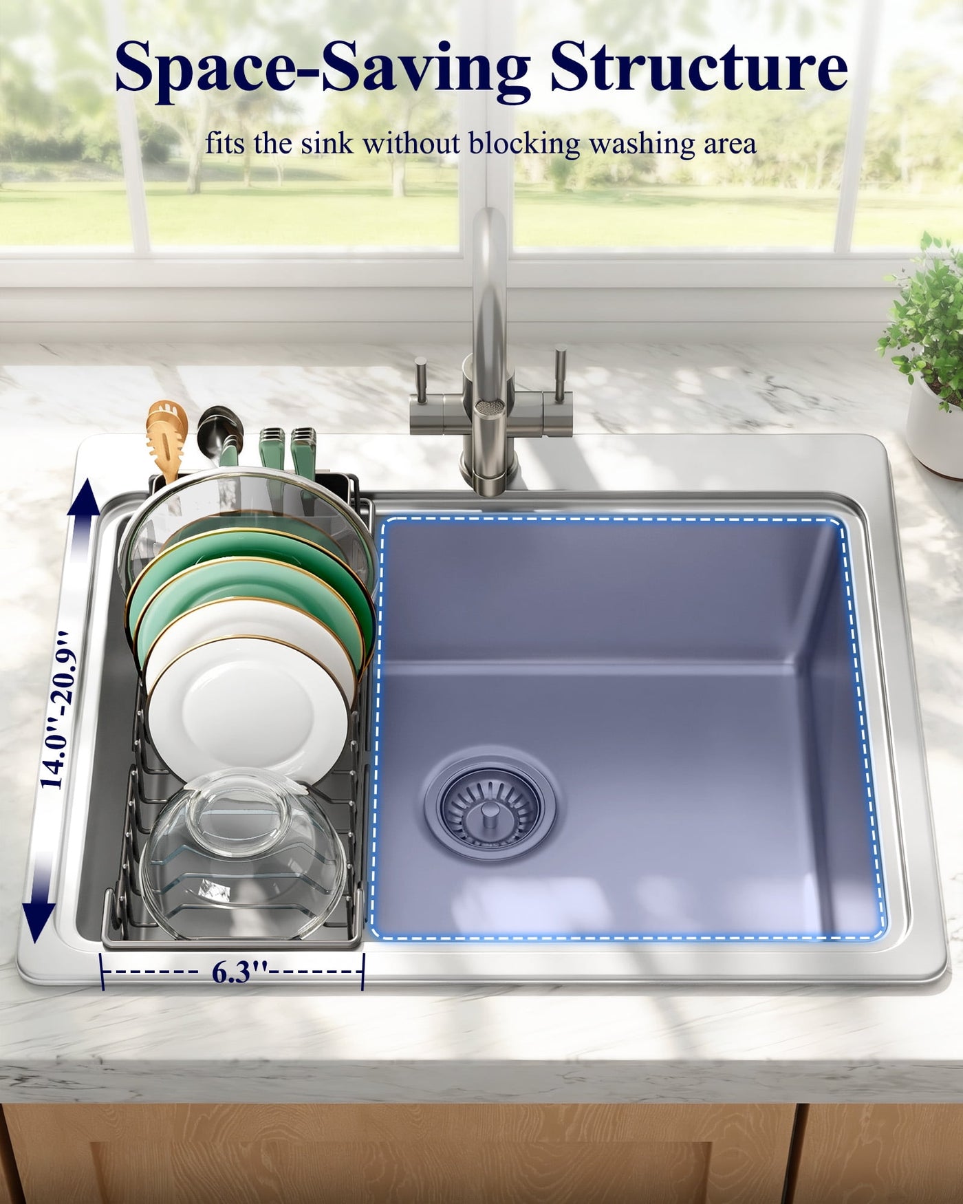 Dish Drying Rack with Drying Tray, Over Sink Dish Rack for Kitchen Counter, Removable Utensils Holder, Fits 14"-20.9" Sink, Black