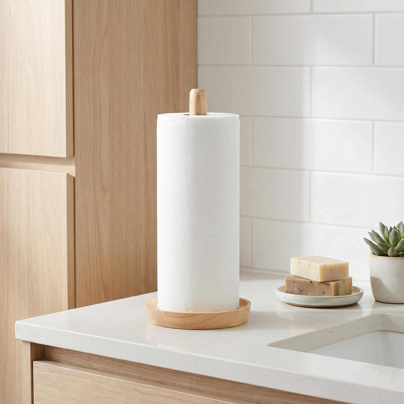 Paper Towel Holder Countertop Non-slip Base Wood Light Brown 12x5.9inch, for Drying Dishes, Wiping Counters and Everyday Kitchen Cleaning