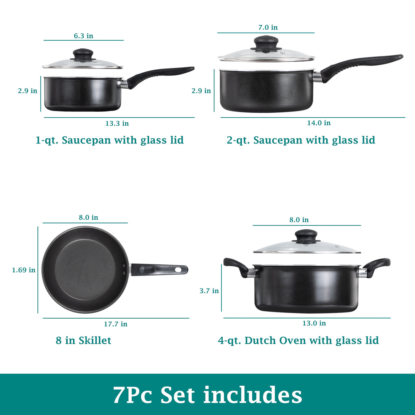 7-Piece Nonstick Aluminium, Pots and Pans Cookware Set, Black, for Frying, Boiling and Everyday Home Cooking