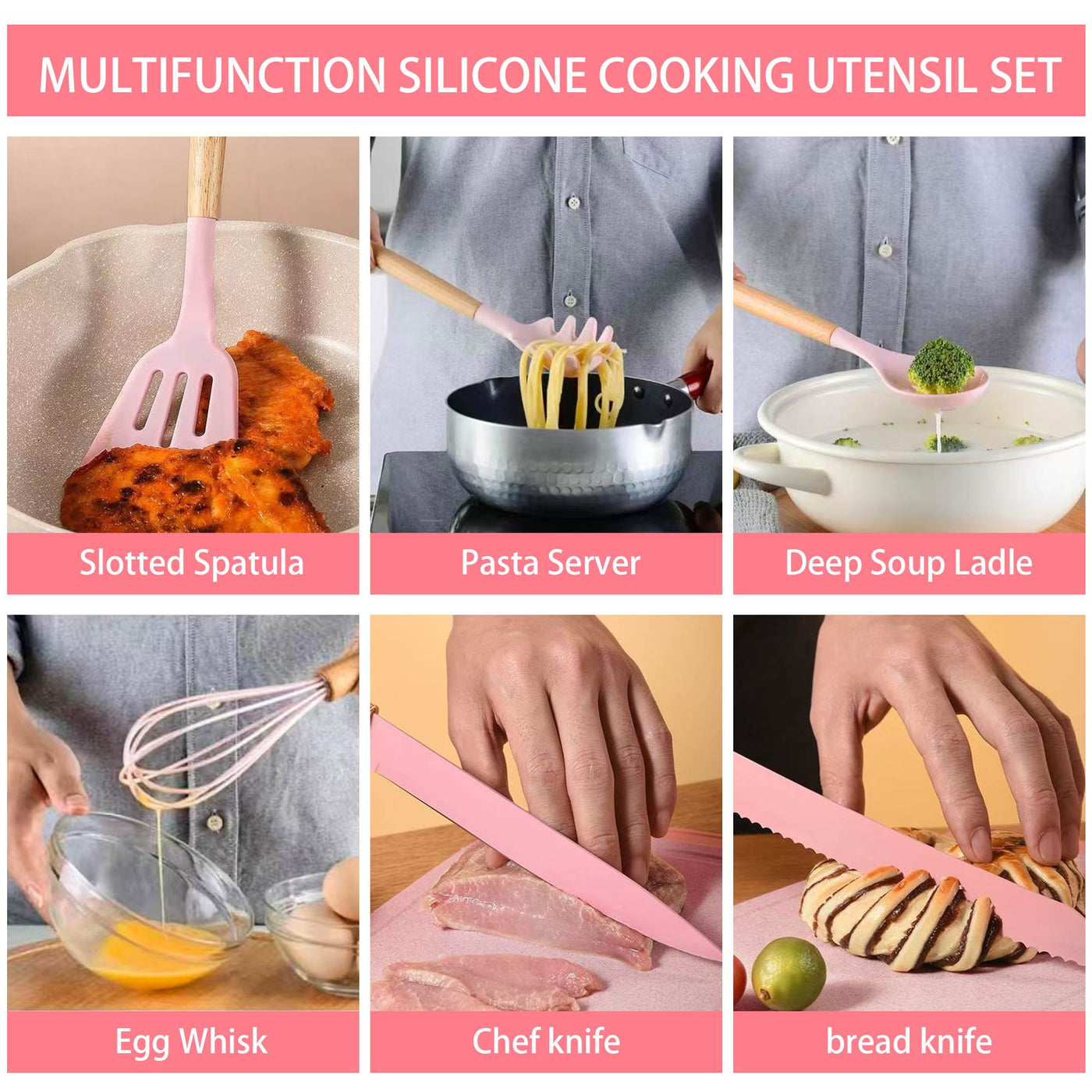 Heesem 19-Piece Silicone Kitchen Utensil and Knife Set, Heat-resistant Cooking Tools Nonstick Safe Gift for Mom or Women Pink
