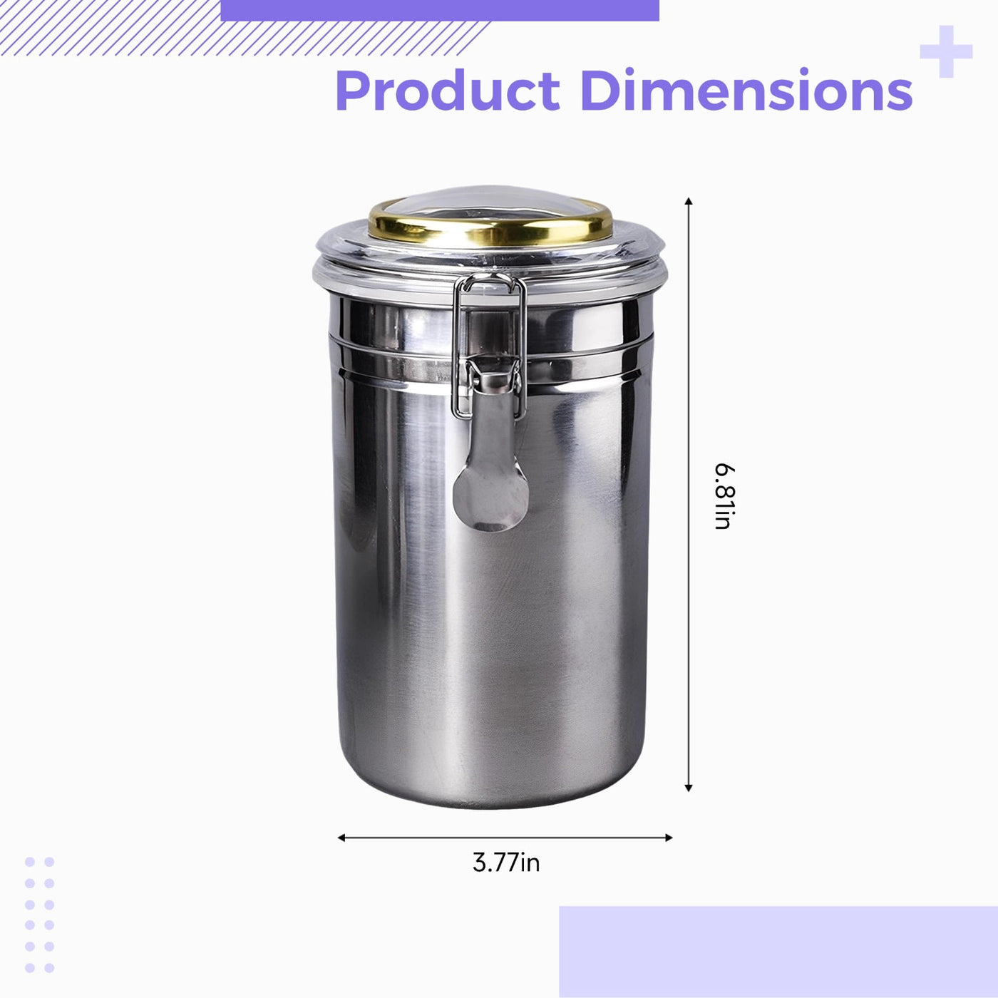 Stainless Steel Canister with Humidifier and Hygrometer, Airtight Food Storage Container, 6.8 in / 17.3 Cm High Coffee Bean Container
