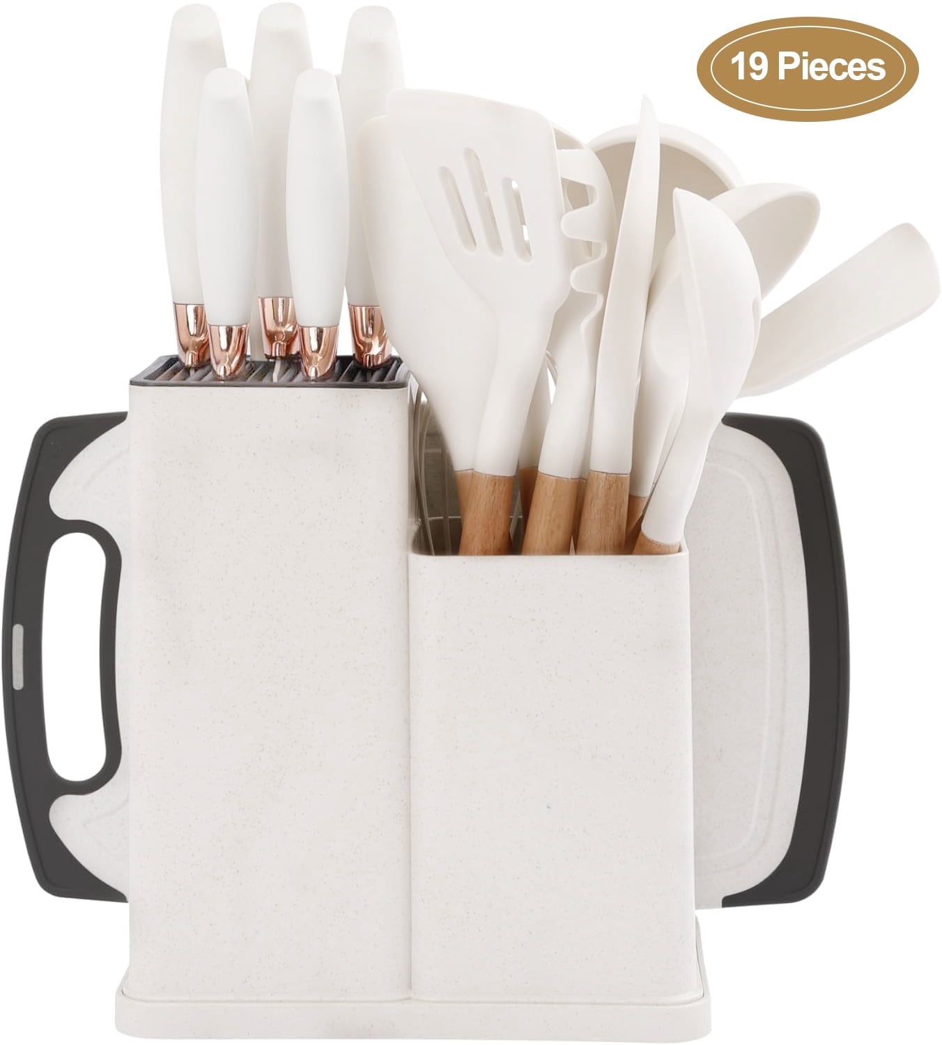 19-Piece Kitchen Utensils Set for Cooking, 11 Cooking Utensils, 6 Knife Set Beige, 3 Utensil Sets, Kitchen Utensils