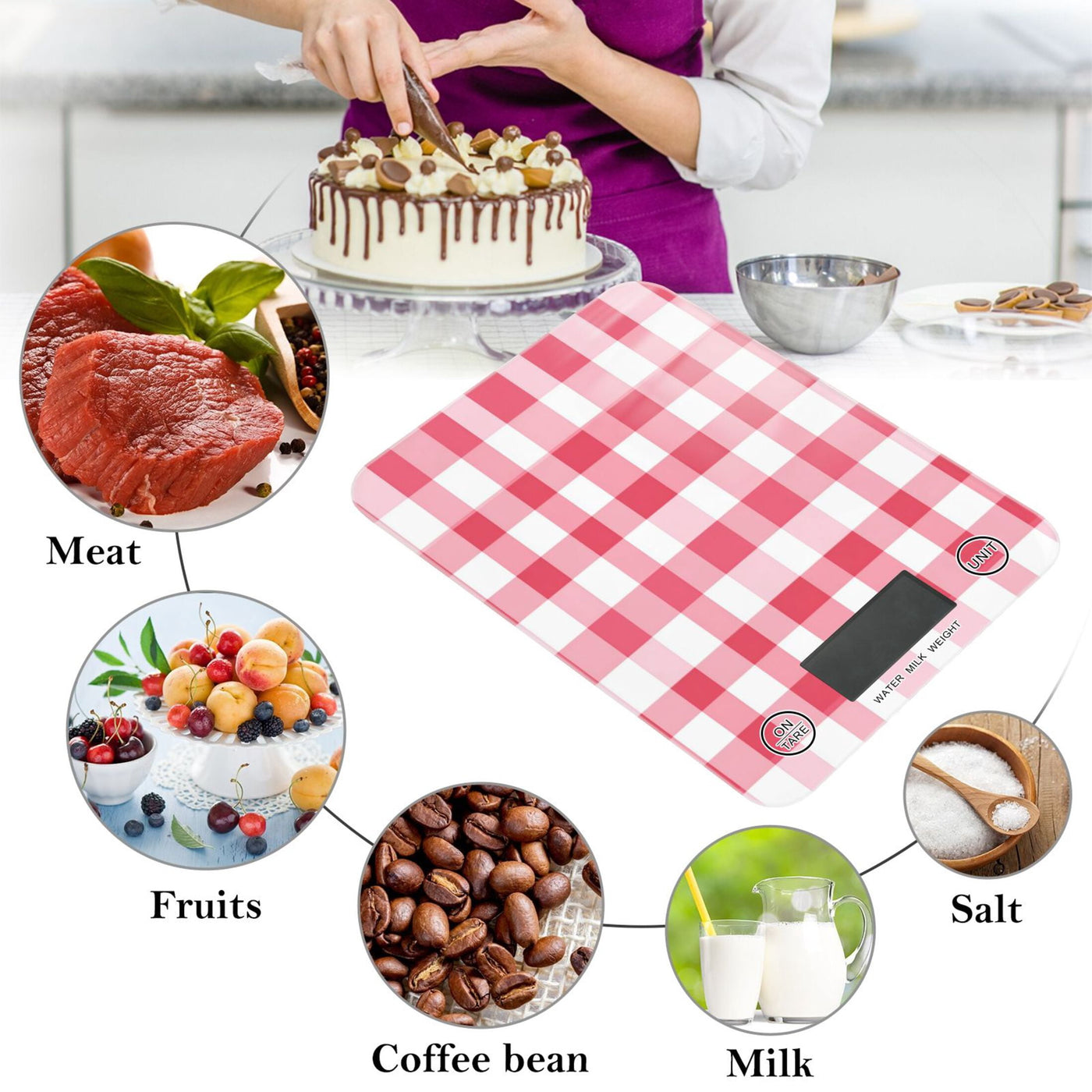 High Precision Digital Kitchen Scale Tempered Glass Food Scale Multifunction Scale Small Kitchen Appliances Pink Checkered Pattern