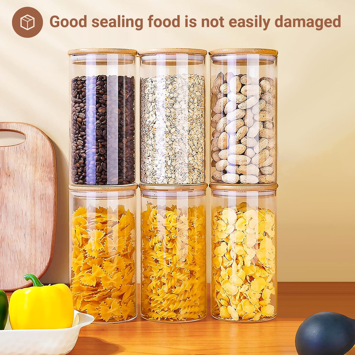Glass Jar with Bamboo Lid: 6-Pack 25oz Airtight Food Storage Containers, Kitchen and Pantry Organizer for Coffee, Sugar, Flour, Candy, Pasta, Cereal