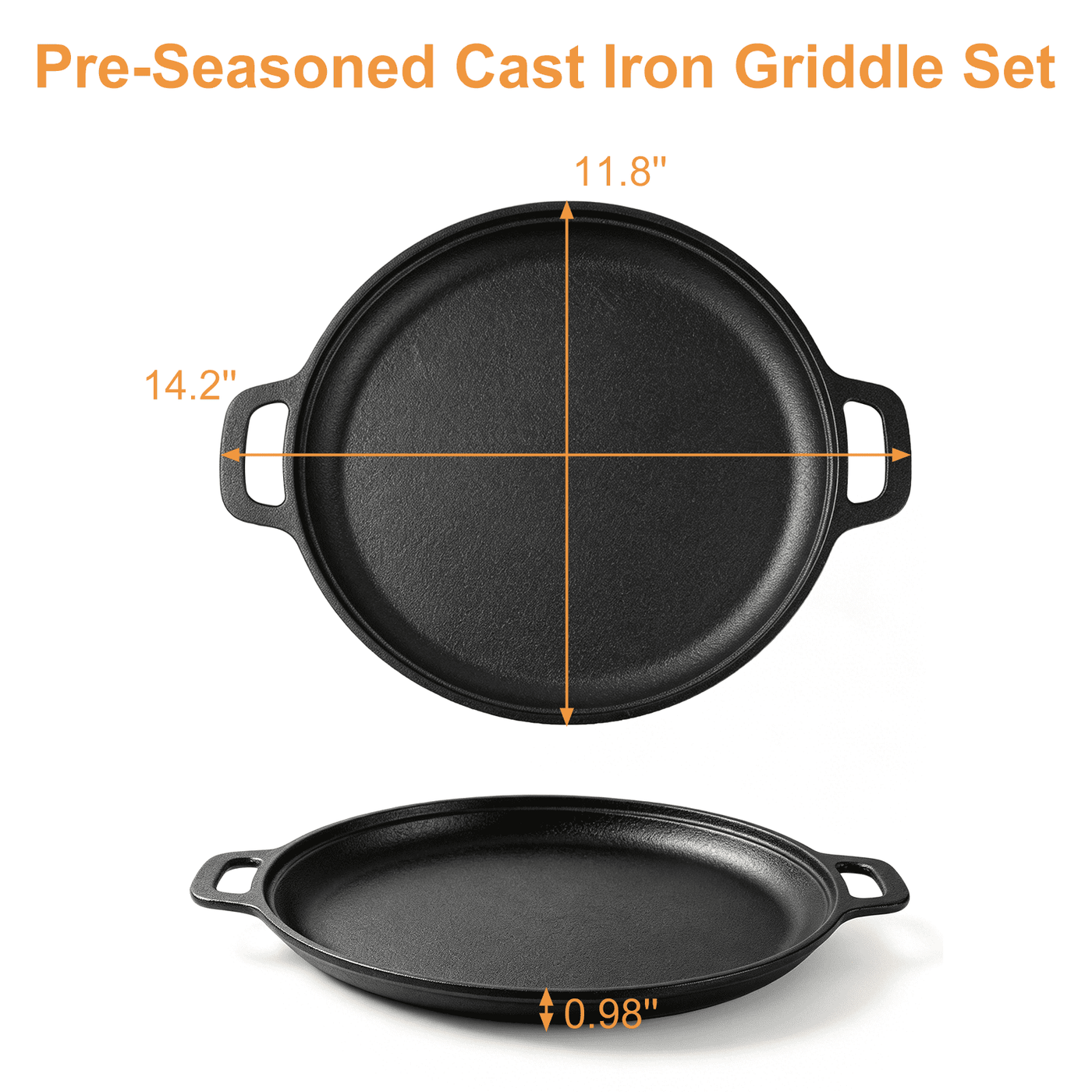 Round Cast Iron Skillet, Taimasi 12'' Pre-seasoned Cast Iron Frying Pan with Dual Handle, Oven Safe Pizza Pan for Grill, Bbq, Roasting