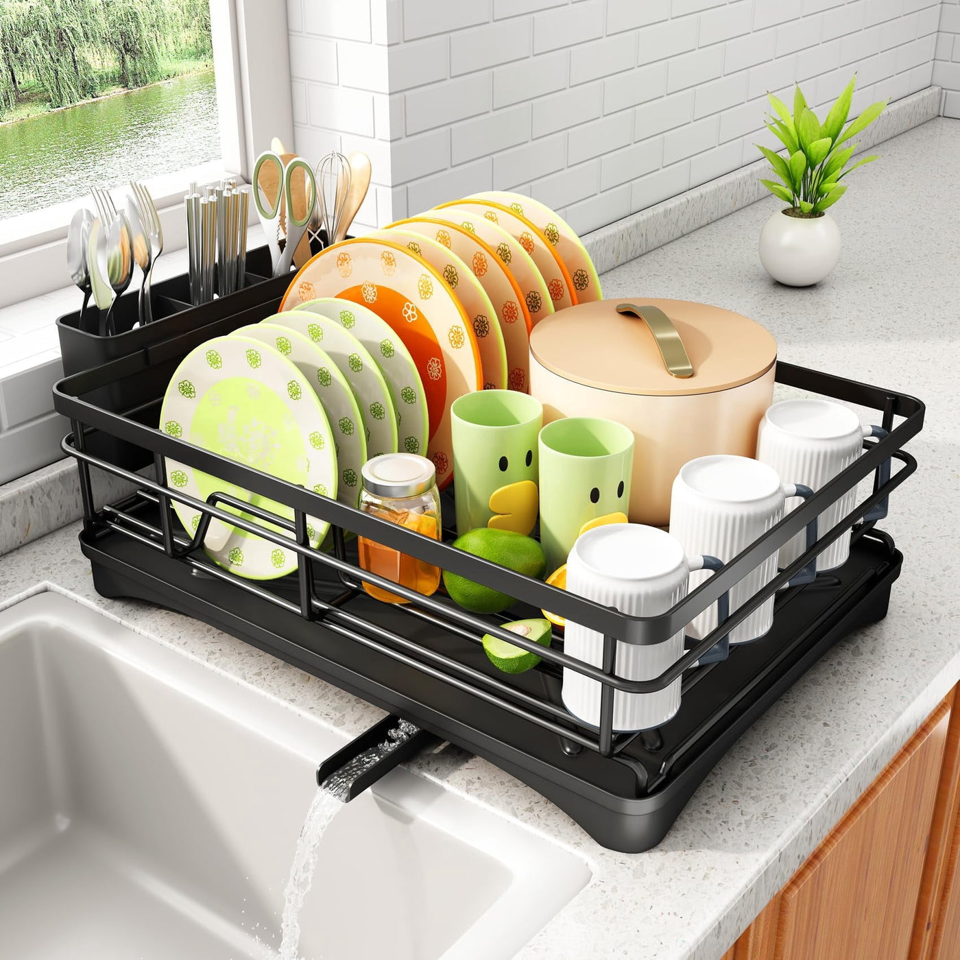 Metal Dish Rack with Utensil Holder and Drainboard, Anti-rust Kitchen Organizer, Black, for Cooking, Mixing, Serving and Nonstick Cookware