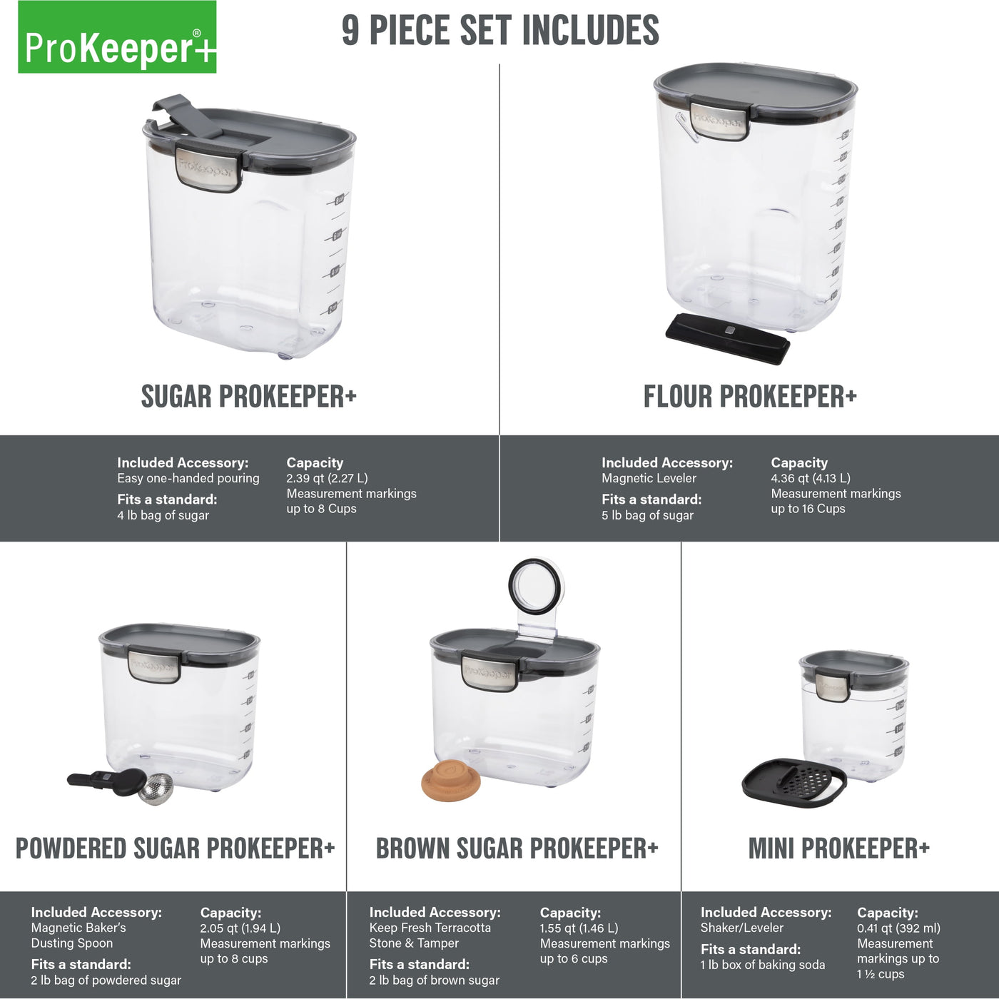 + 9-Piece Baker's Storage Container Set with Airtight Seal for Pantry Organization, for Pantry Organization, Meal Prep and Dry Food Storage
