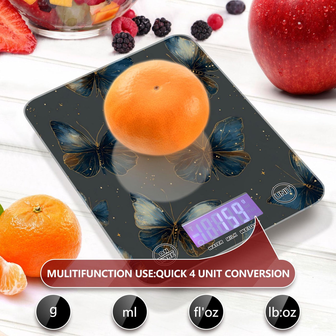 High Precision Digital Kitchen Scale Tempered Glass Food Scale Multifunction Scale Small Kitchen Appliances Brown-blue Butterfly Pattern