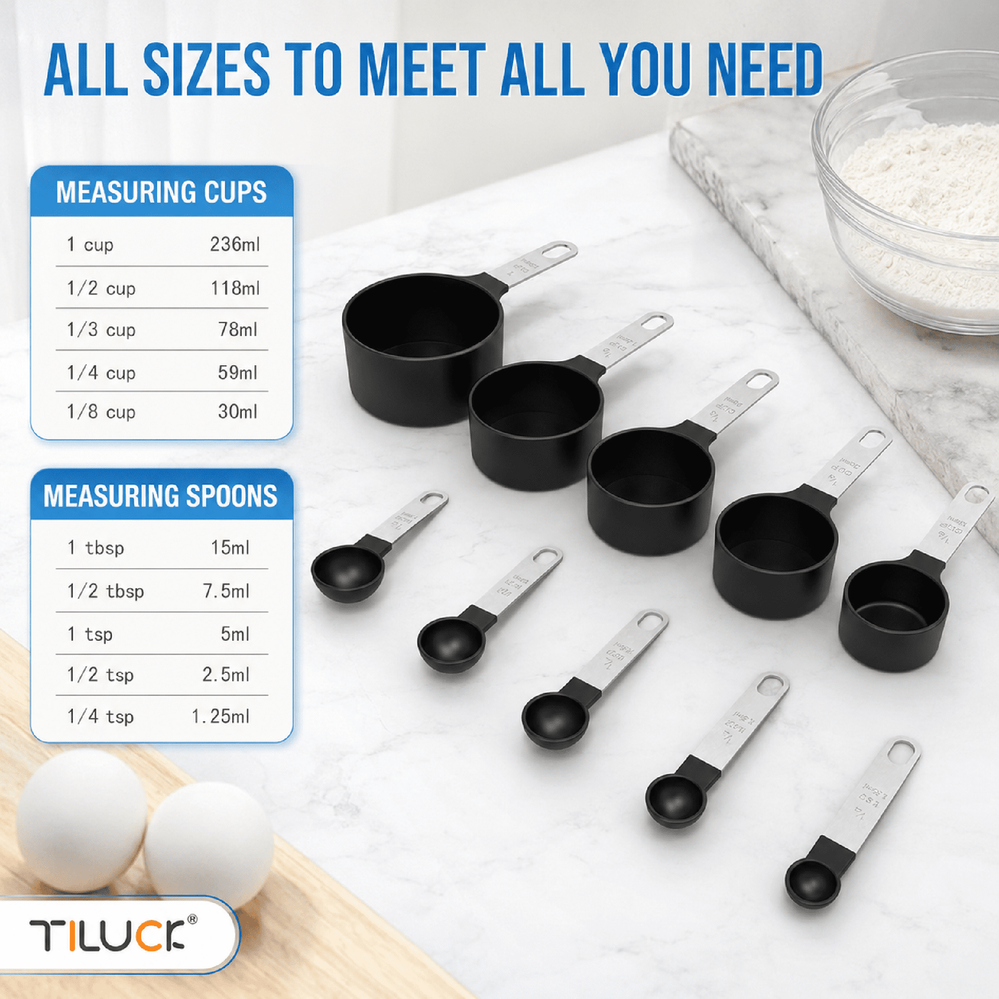 Measuring Cups Spoons Set Stainless Steel 10-Piece Black Nesting Stackable Food Grade Cooking Baking