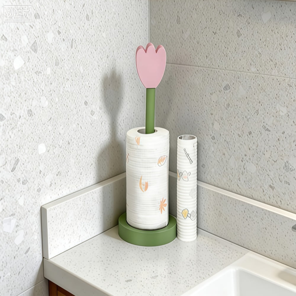 Wooden Paper Towel Holder Countertop, Rustic Standing Paper Towel Roll Stand with Pink Flower Design for Kitchen, Bathroom, Bar