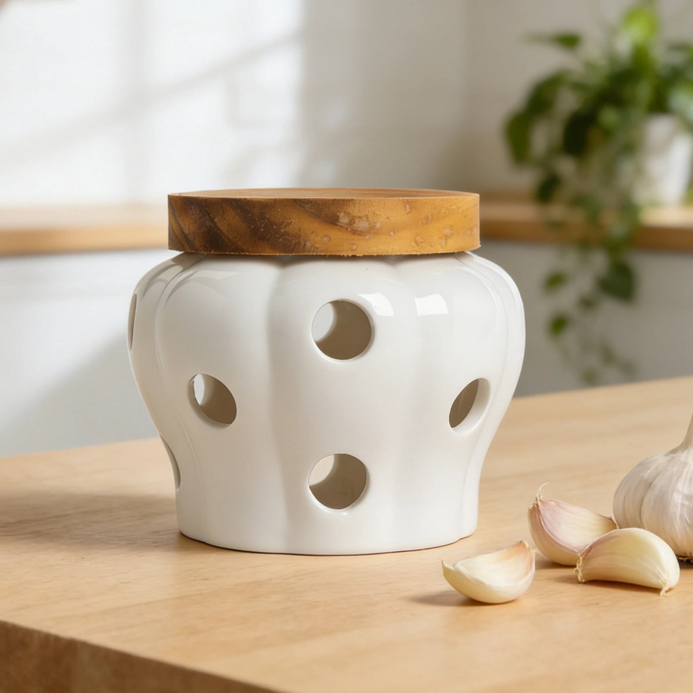 White Ceramic Garlic Keeper Jar Container, 4.4 X 3.7 in / 11.2 X 9.5 Cm Food Storage with 12 Vents and Wood Lid