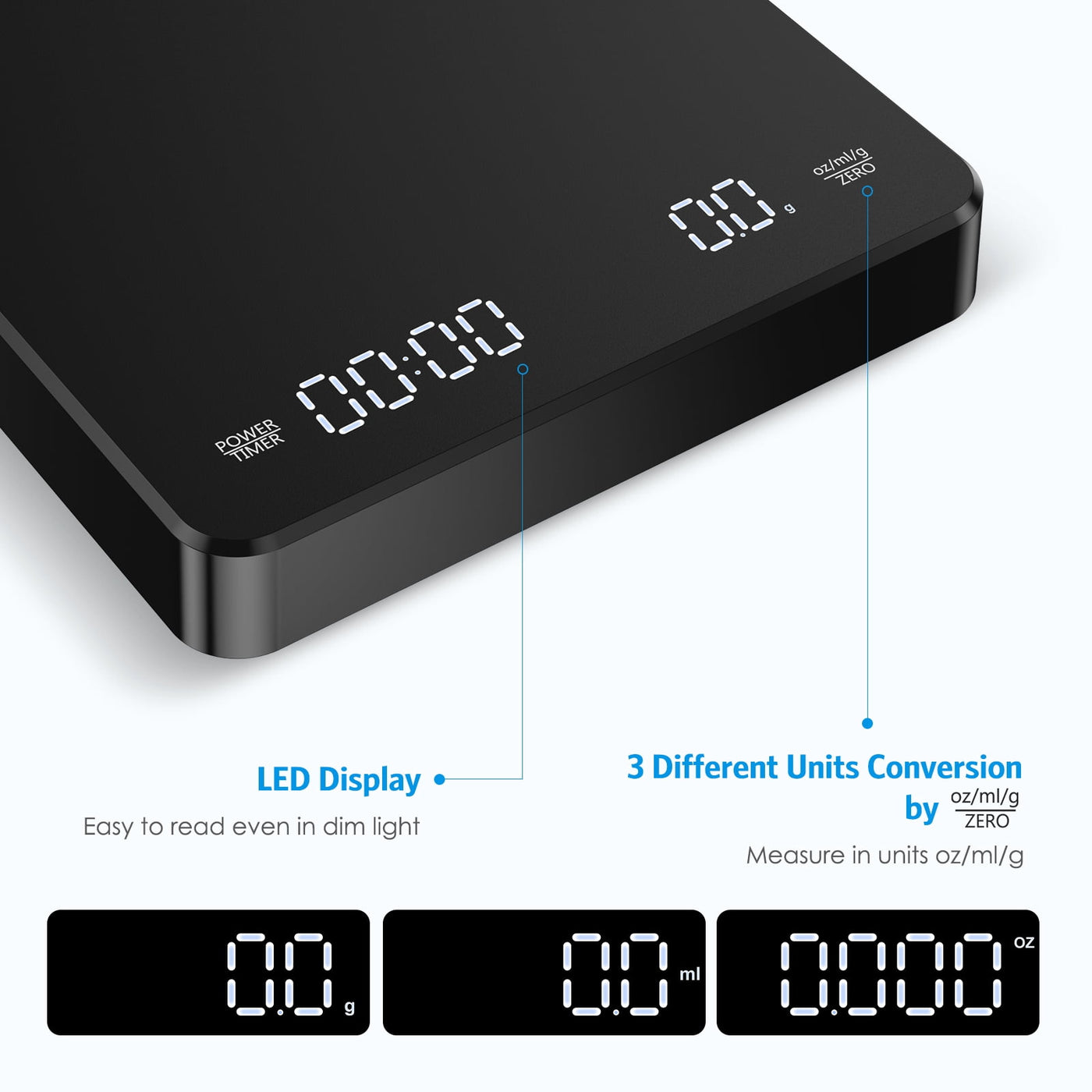 Digital Scale, Amir 3kg/0.1g Coffee Scale Rechargeable Pour-over Digital Coffee Scale with Touch Sensor LED Display Precise Scale for Kitchen Home