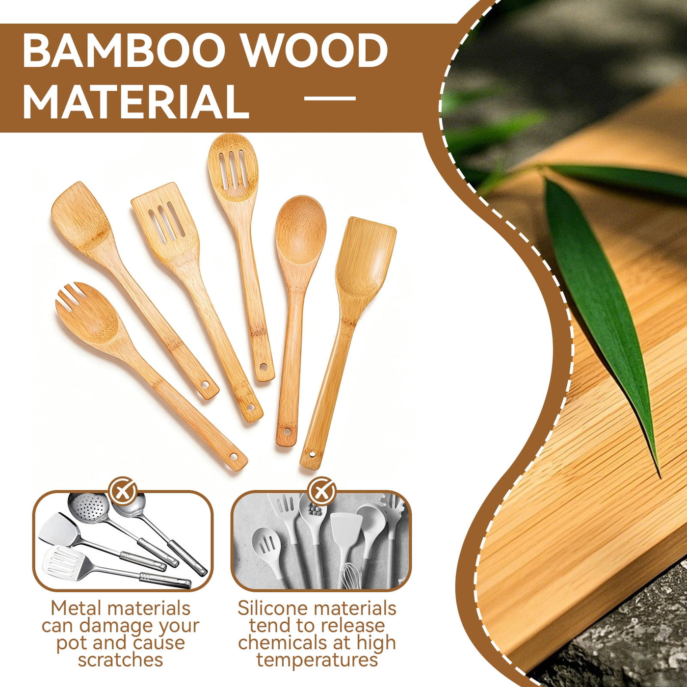 6-Piece Wooden Cooking Utensil Set, Wooden Spoons for Cooking, Natural Banboo Spatula Spoon Utensils Set for Kitchen Cookware, Heat Resistant