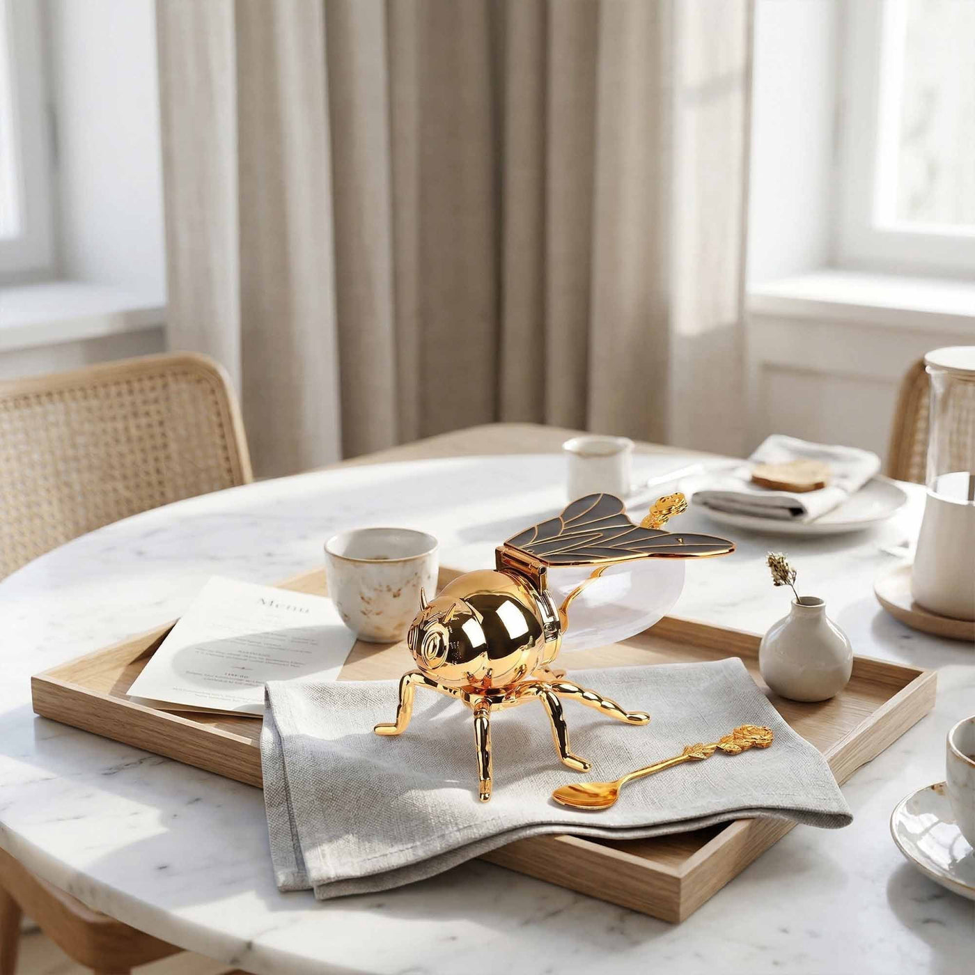 Glass Honey Jar with Plastic Bee Dispenser, Gold Lid and Spoon for Tabletop, for Cooking, Mixing, Serving and Nonstick Cookware