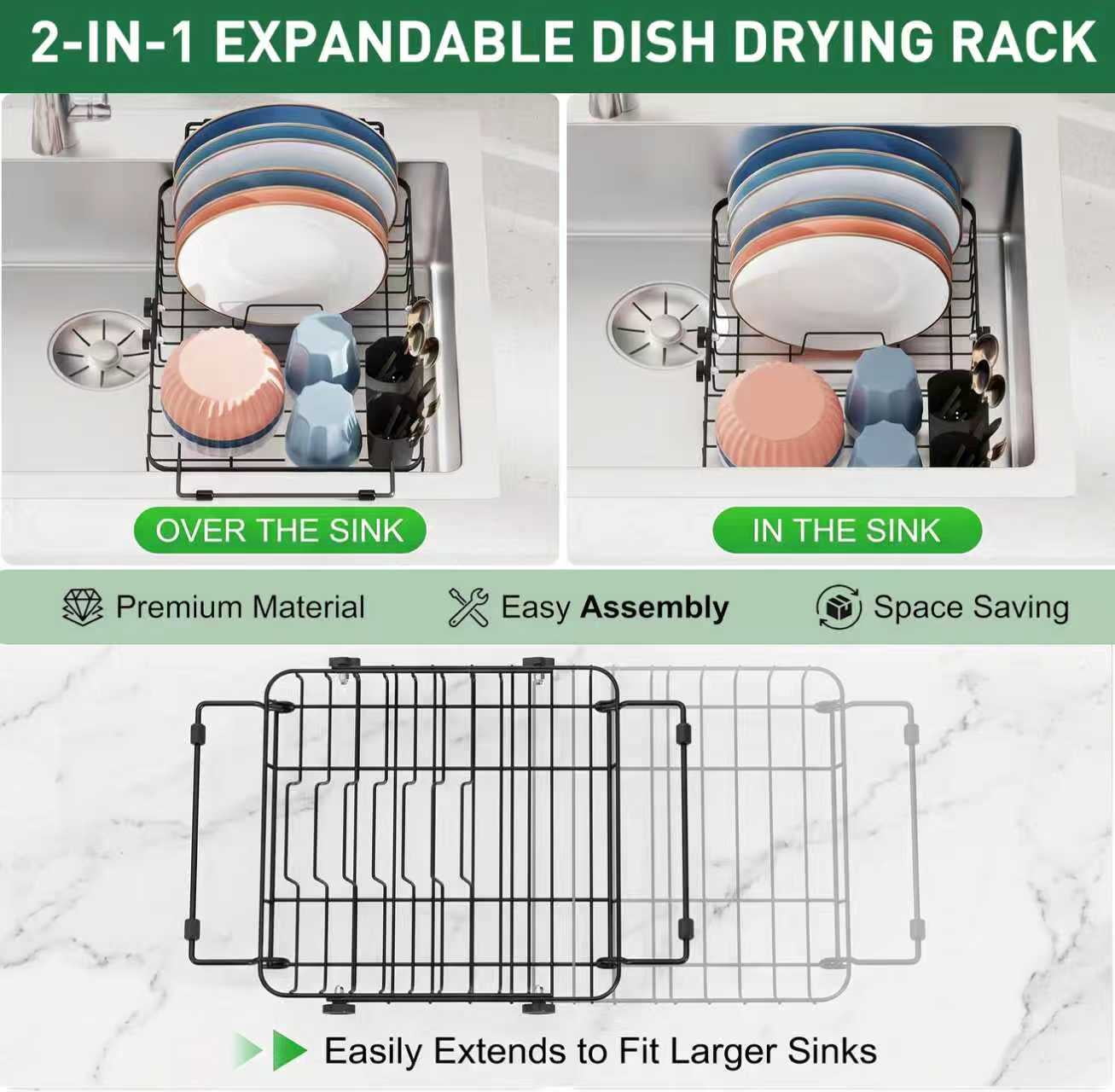 Dish Drying Rack in Sink, Expandable Stainless Steel Dish Rack Over The Sink, Kitchen Sink Drain Strainer with Cutlery Holder