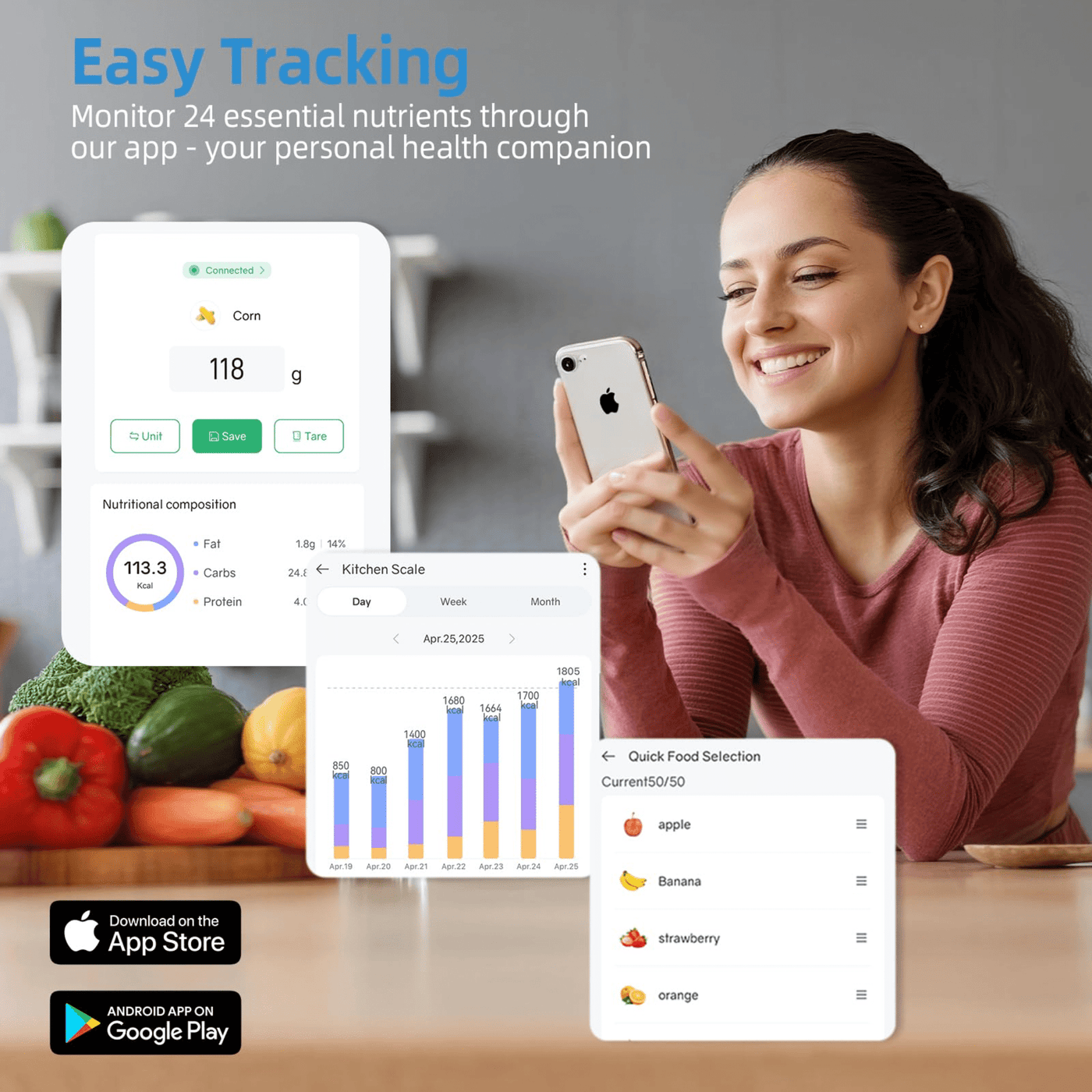 Food Scale with Nutritional Calculator, Smart Digital Kitchen Scale for Weight Loss, App with 23 Nutrients Tracking, Calorie, Fat, Carbs