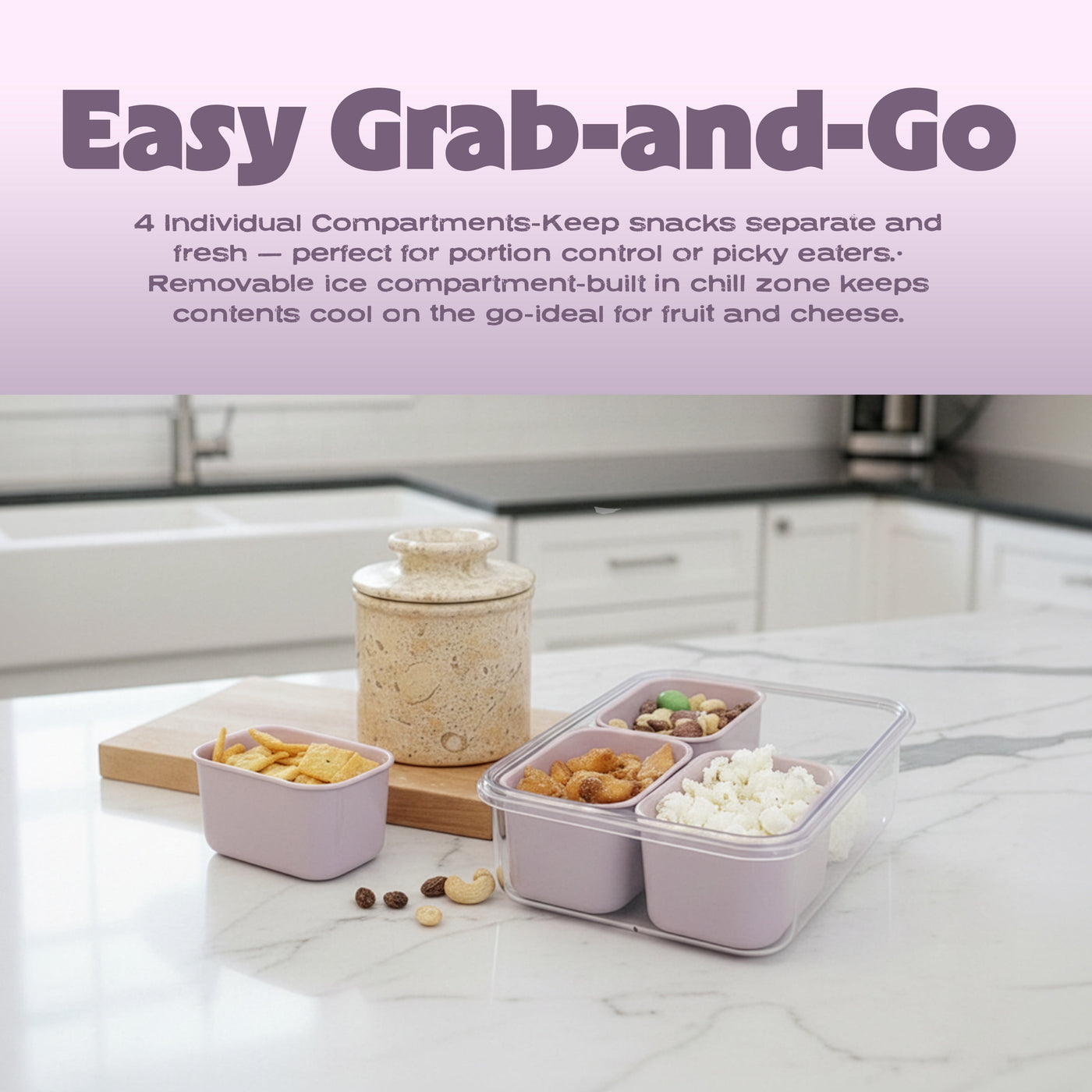 (2-pack) Cook with Color Purple Portable 4-Compartment Snack Food Storage Container, Portable and Dishwasher Safe with Ice Packs