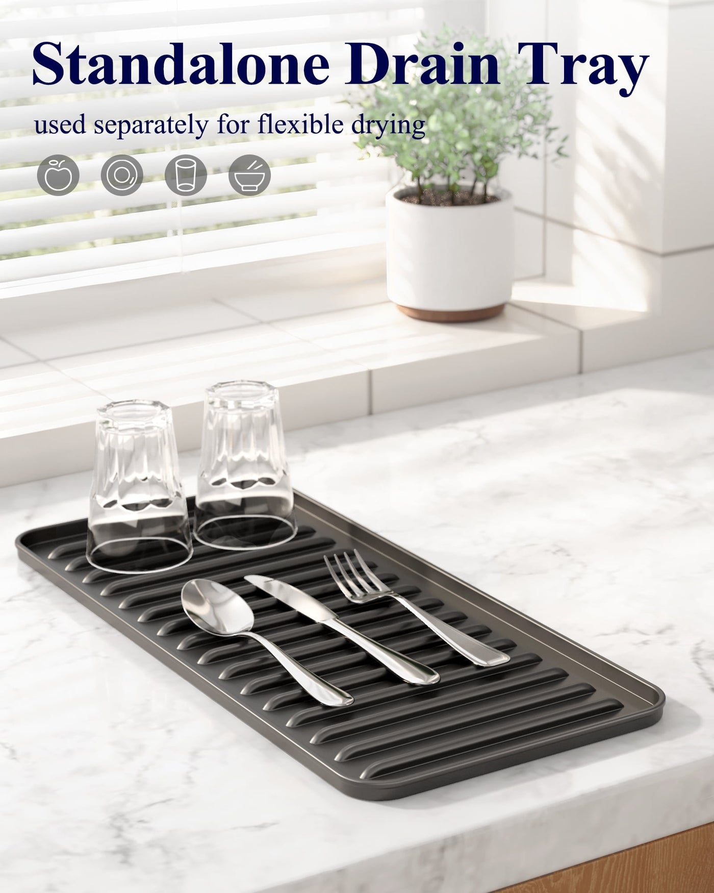 Dish Drying Rack with Drying Tray, Over Sink Dish Rack for Kitchen Counter, Removable Utensils Holder, Fits 14"-20.9" Sink, Black