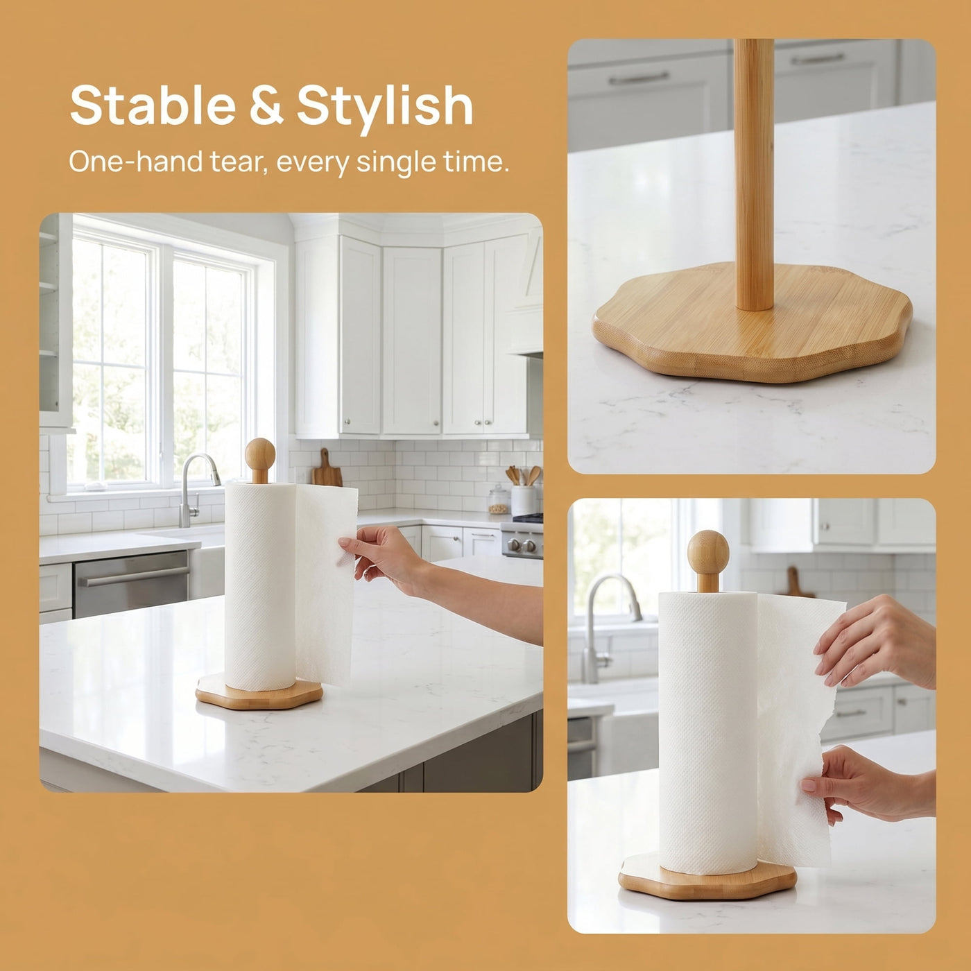 Paper Towel Holder Countertop Non Slip Base Wood Natural E 11.6x6.3inch, for Drying Dishes, Wiping Counters and Everyday Kitchen Cleaning